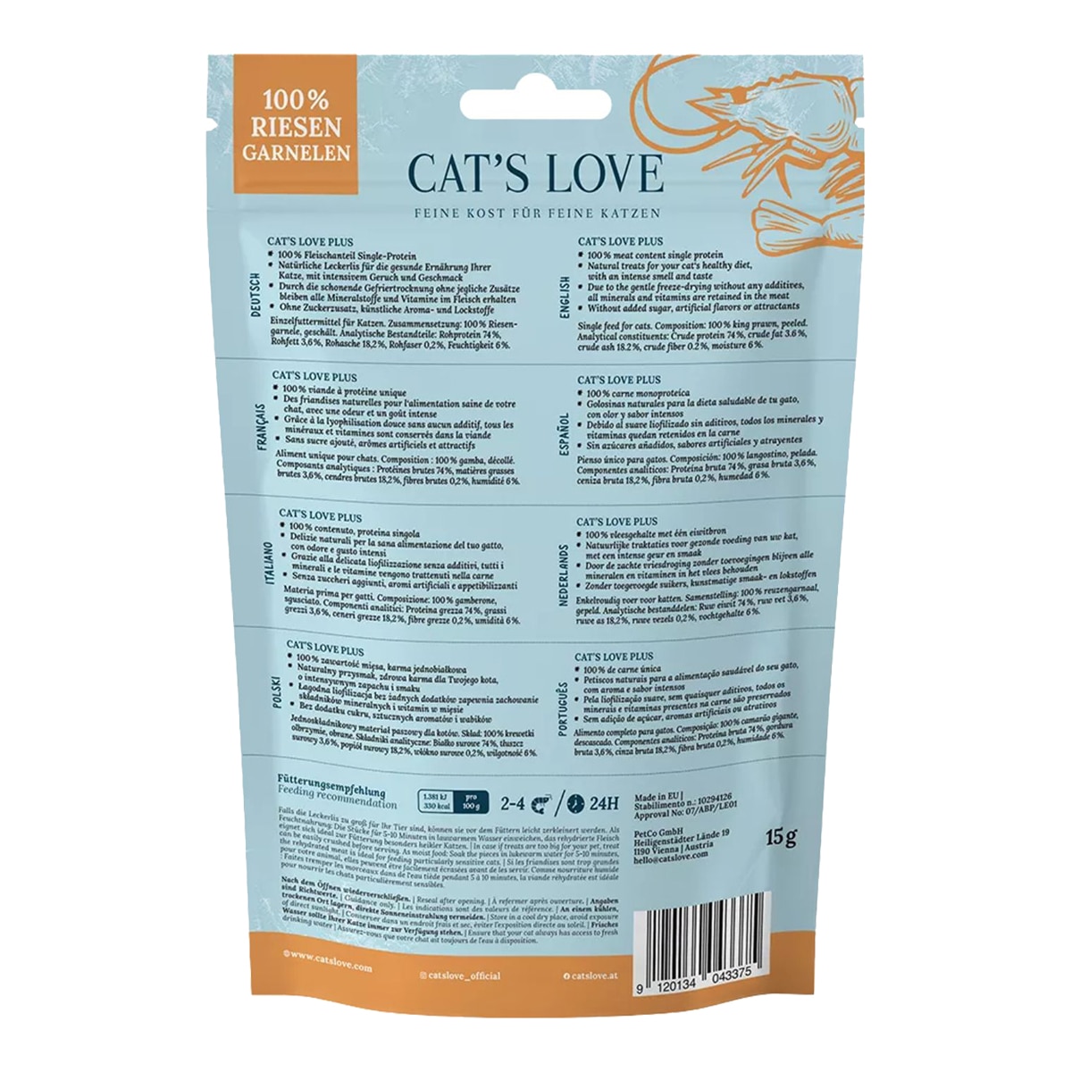 Snack Liofilizado para gatitos Cat's Love sabor langostino 15 g 2