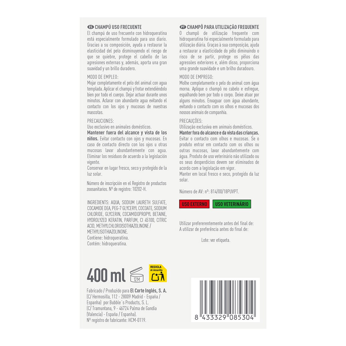 Champú Katakán para perros con hidroqueratina uso frecuente 400 ml 2
