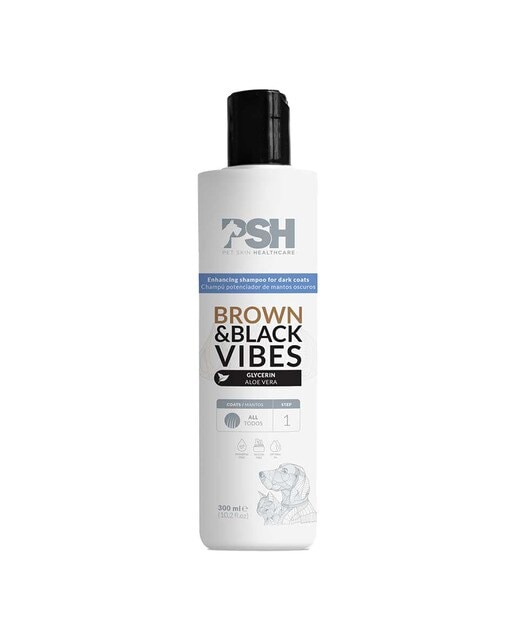 PSH Cosmetics - Champú potenciador mantos oscuros PSH Cosmetics para perros y gatos Brown & Black Vibes 300 ml