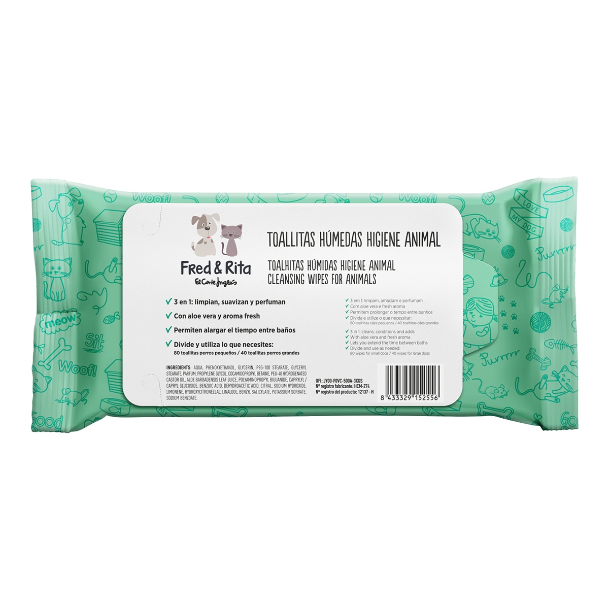 Fred & Rita – Toallitas Fred & Rita para perros y gatos Aloe Vera. Talla 40 uds