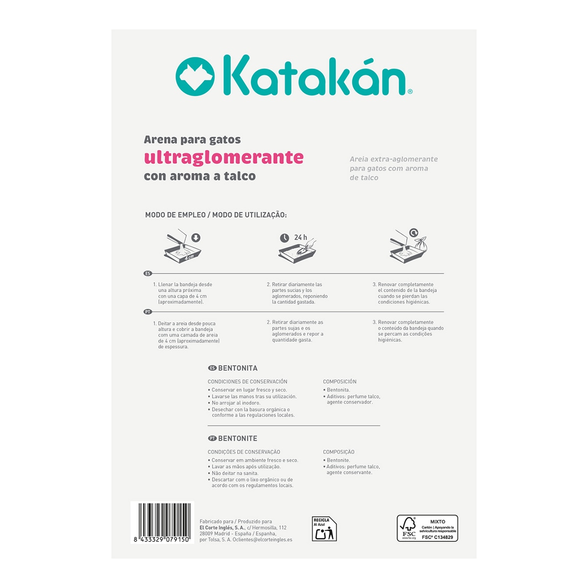 Arena aglomerante ultraperfumada Katakán para gatos Talco Gris-2