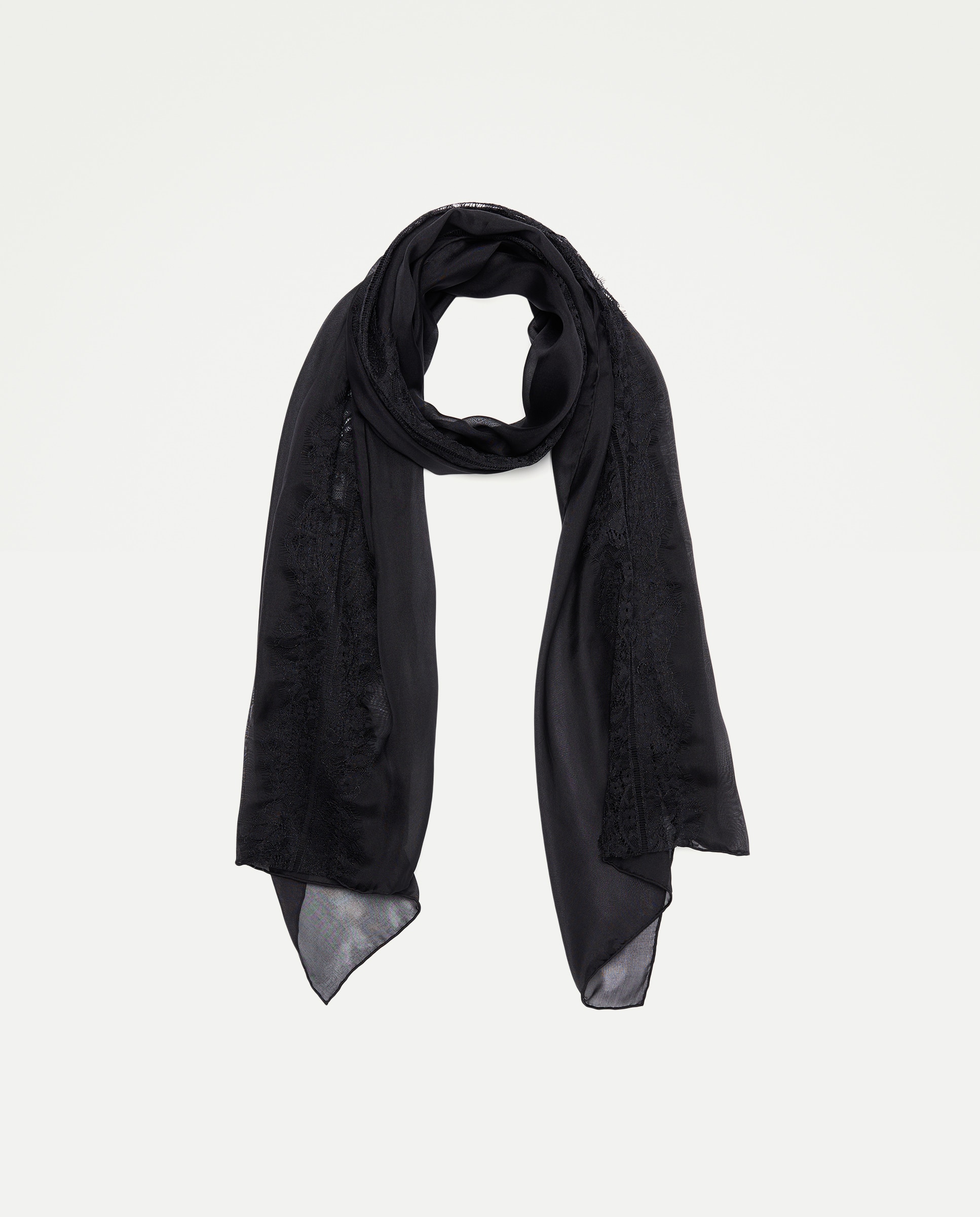 Chiffon 100% Seda com Detalhes de Renda Preto-1