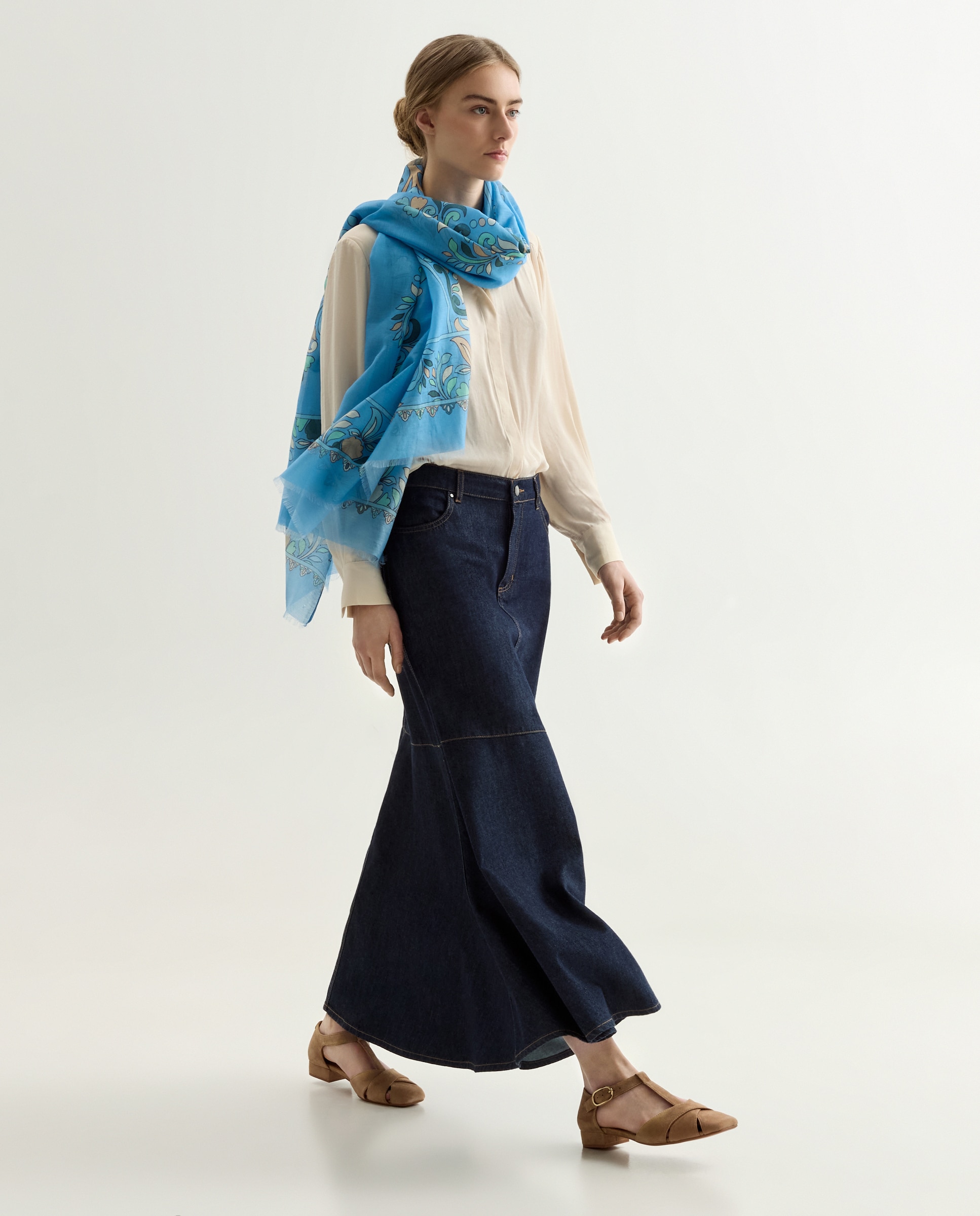Écharpe de Algodão e Seda 400 Azul-4