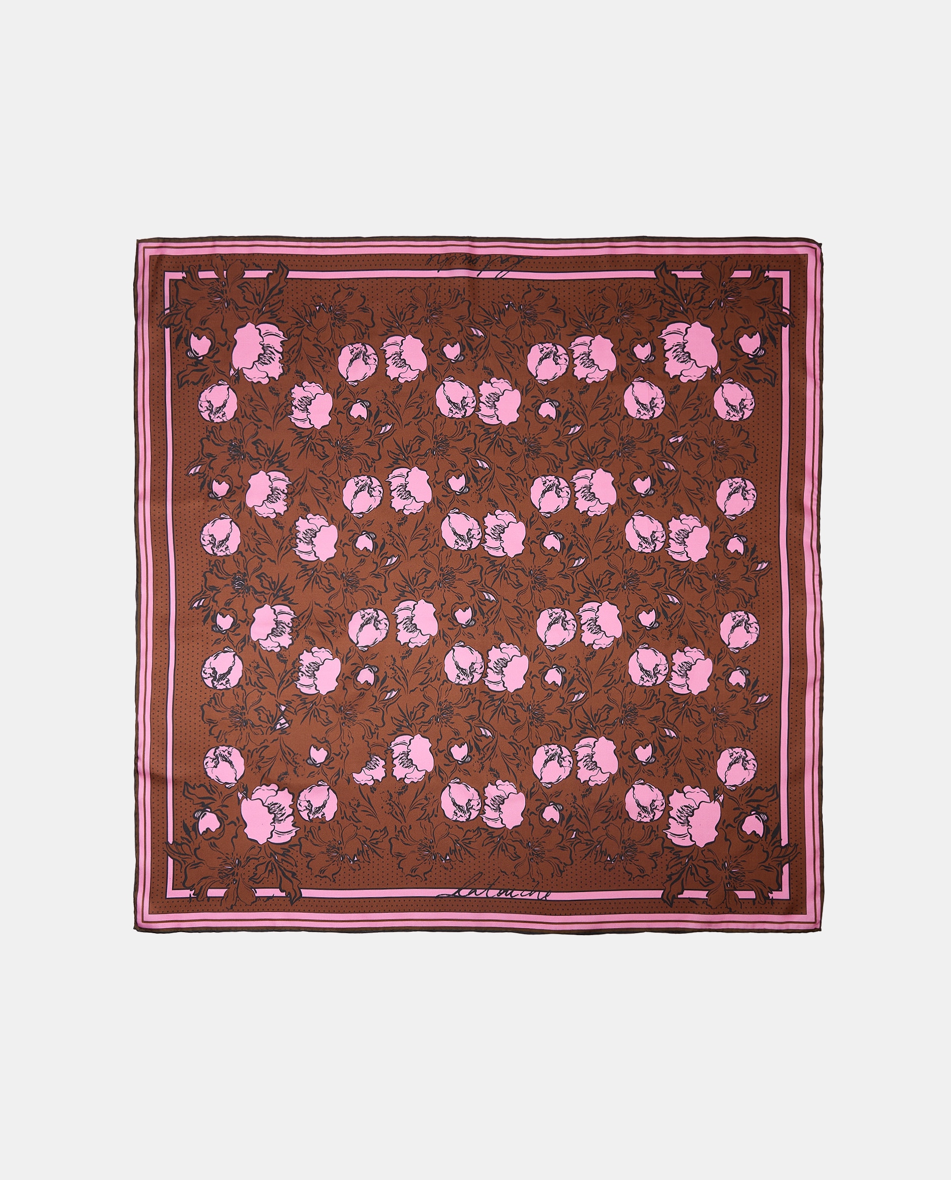 Lenço de Sarja com Estampado Floral às Bolinhas com Rebordo Castanho-2