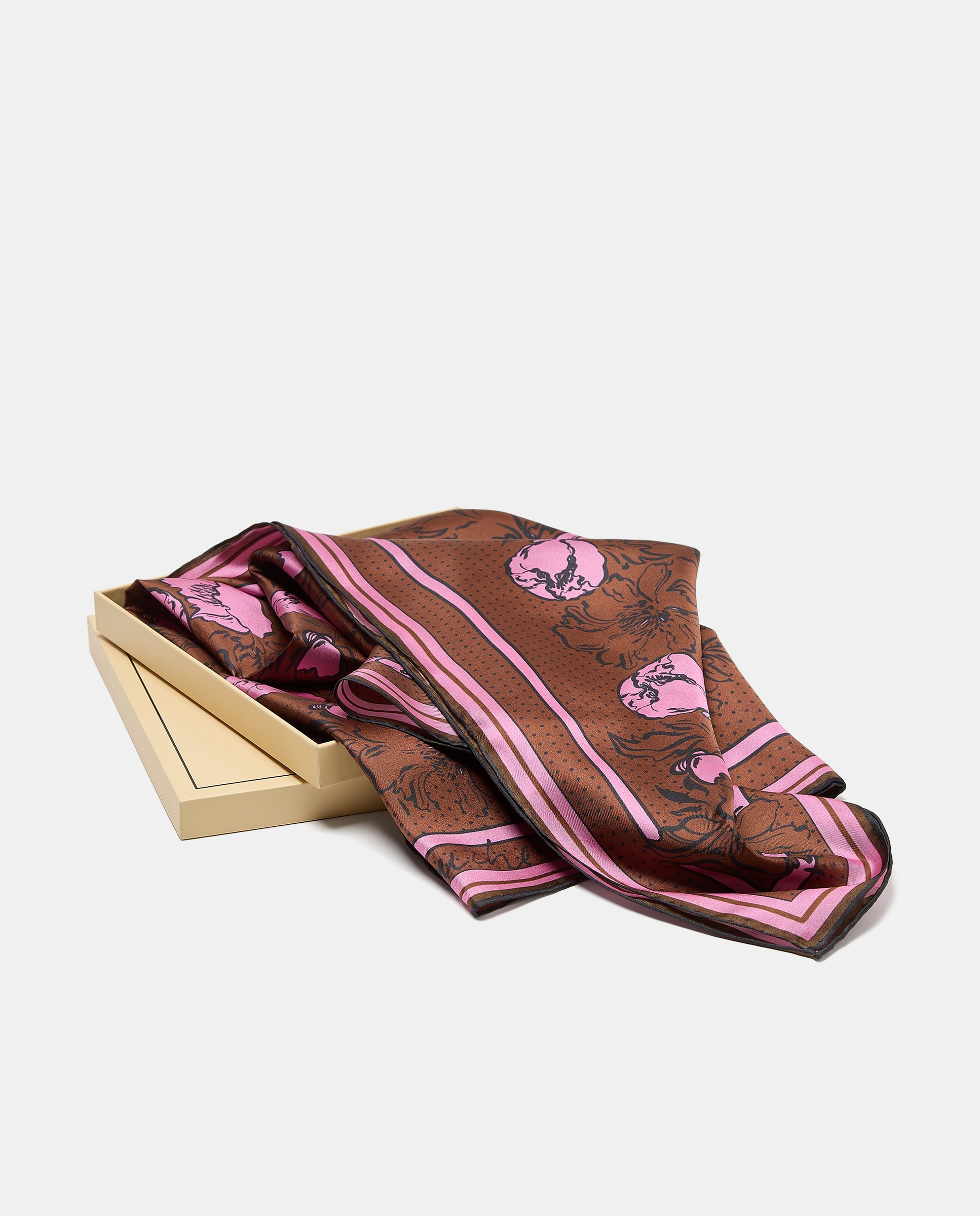 Lenço de Sarja com Estampado Floral às Bolinhas com Rebordo Castanho-4