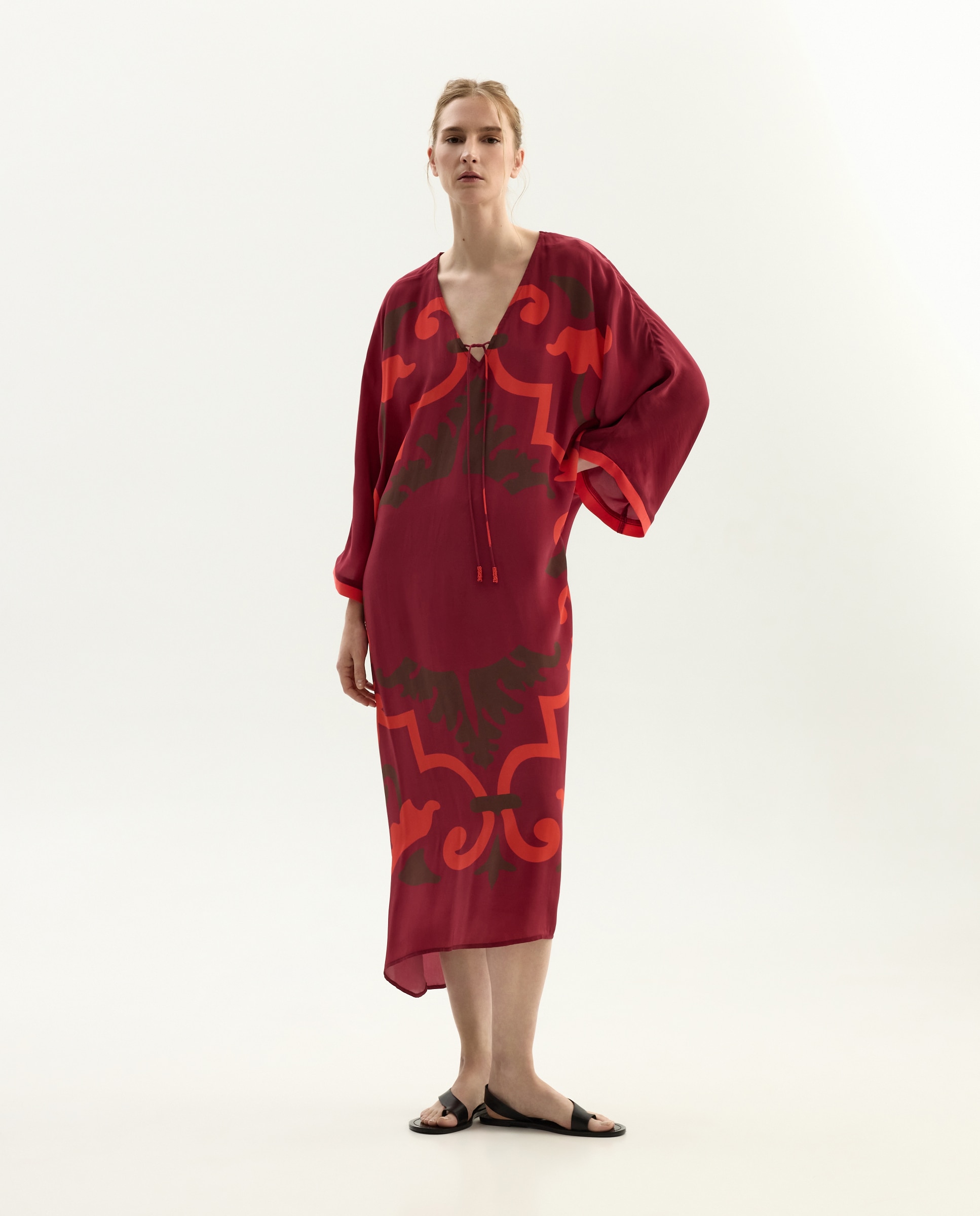 Kaftan com Estampado dos Anos Sessenta e Nó à Frente 600 Vermelho-4