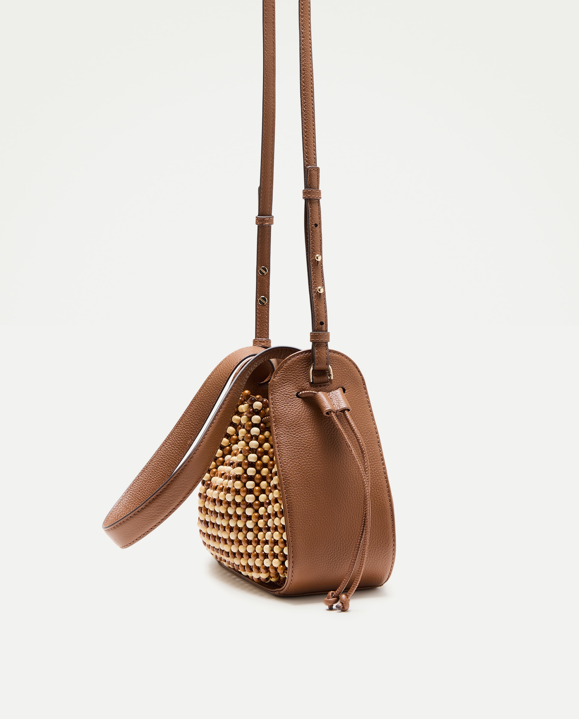 Mala a Tiracolo com Bolinhas de Madeira e Pele 730 Camel-2