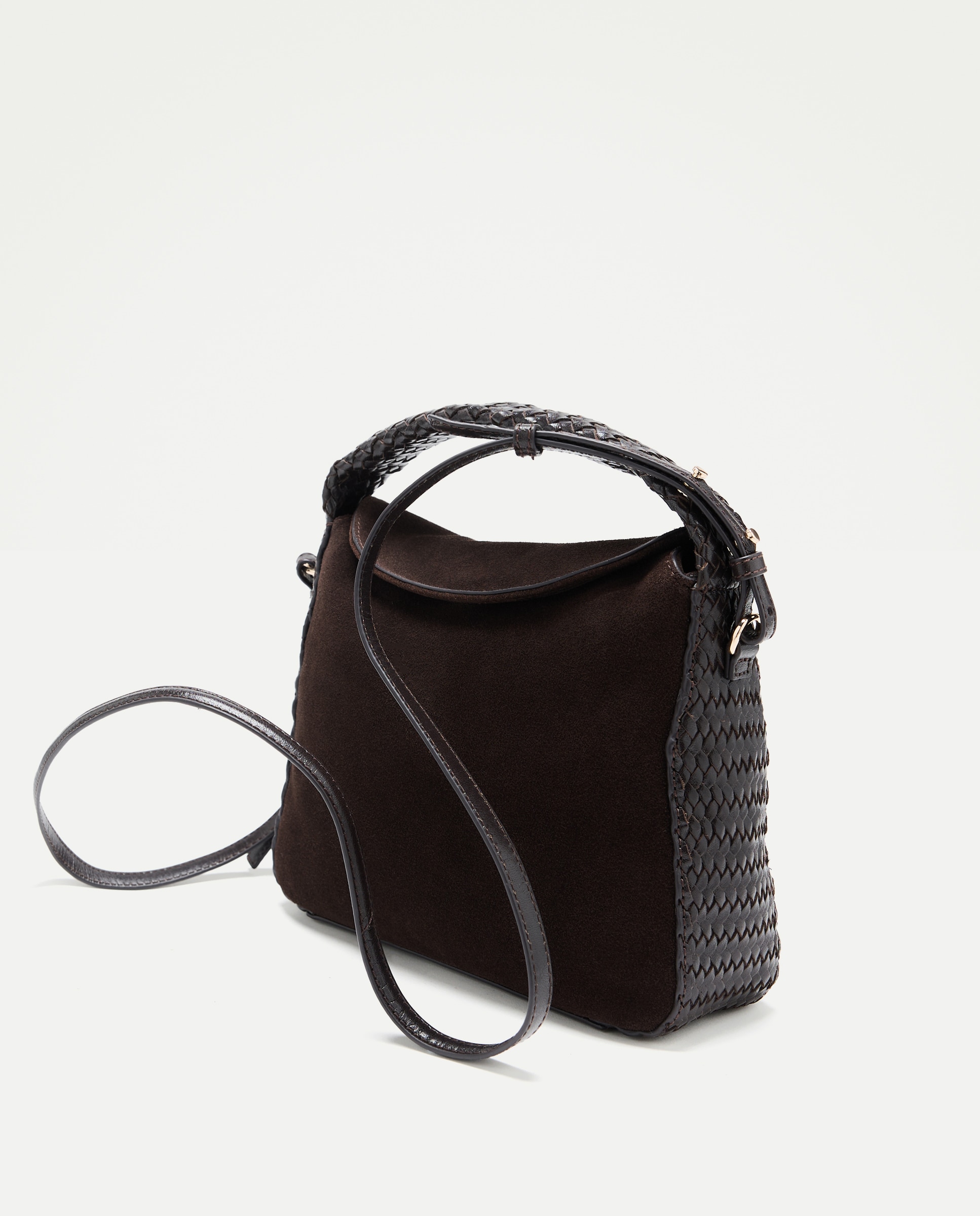 Mala Shopper de Camurça com Alça em Pele Entrançada Chocolate-2