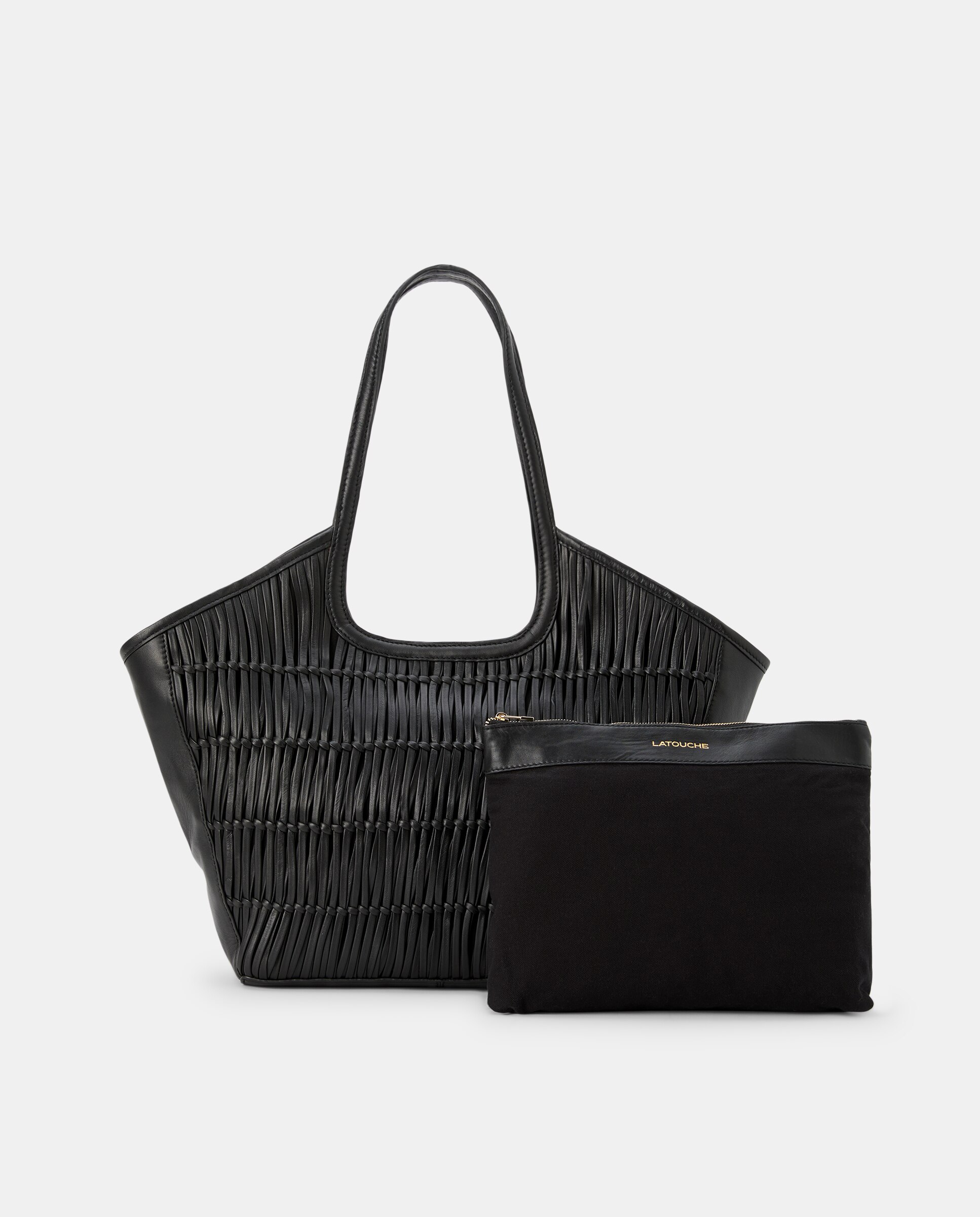 Mala Shopper Entrançada em Pele Preto-2