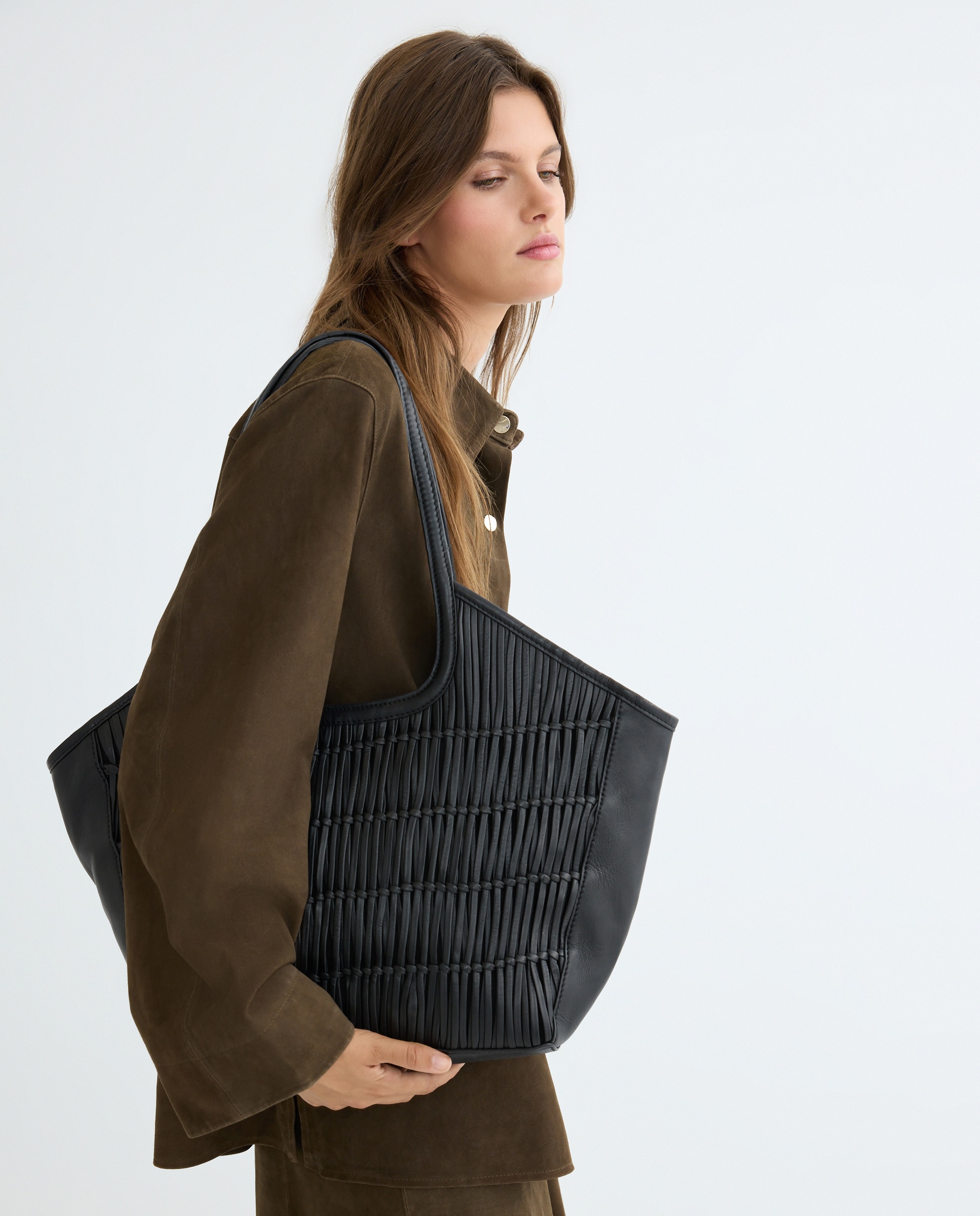 Mala Shopper Entrançada em Pele Preto-5