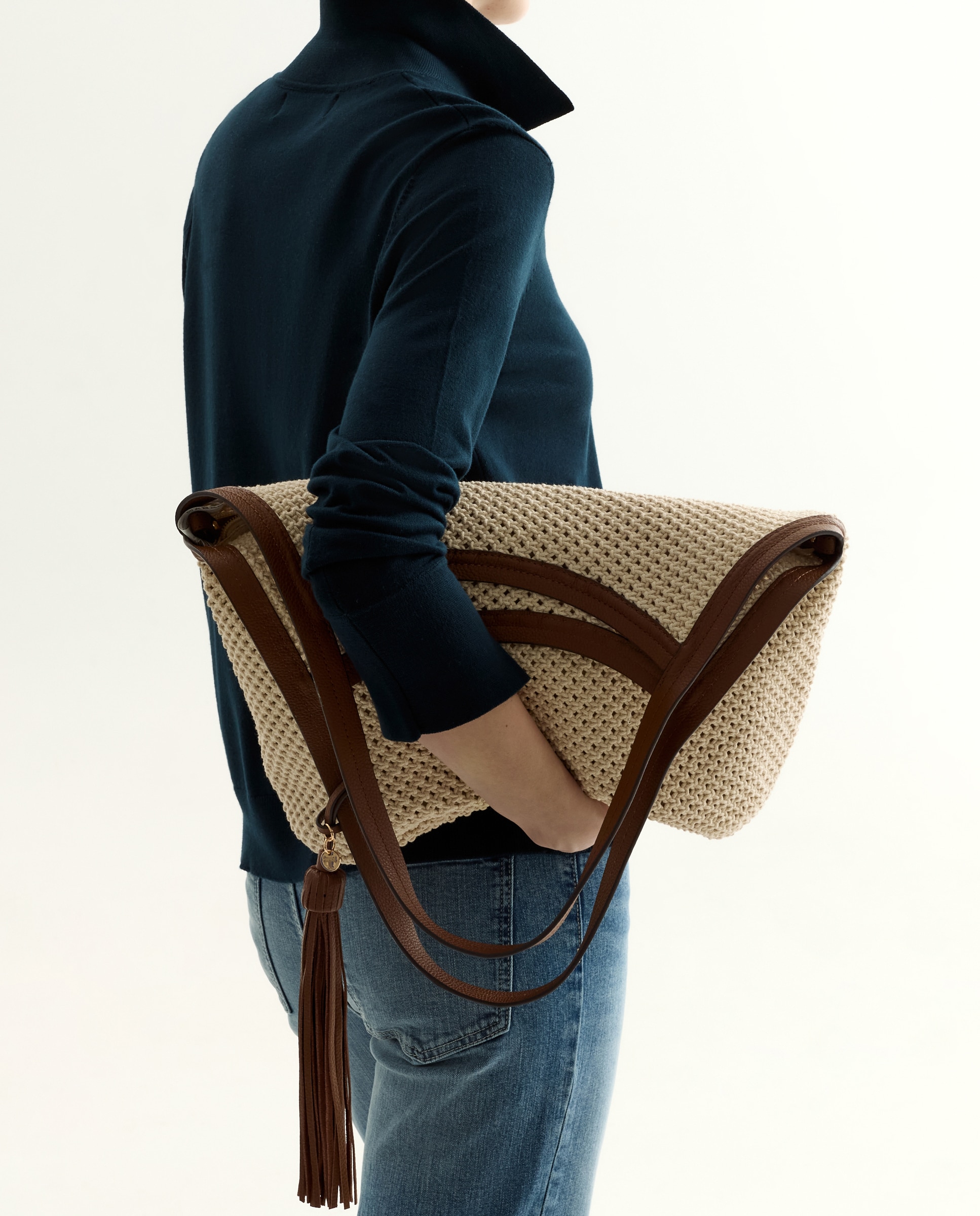 Shopper em Crochet com Pele Branco-7