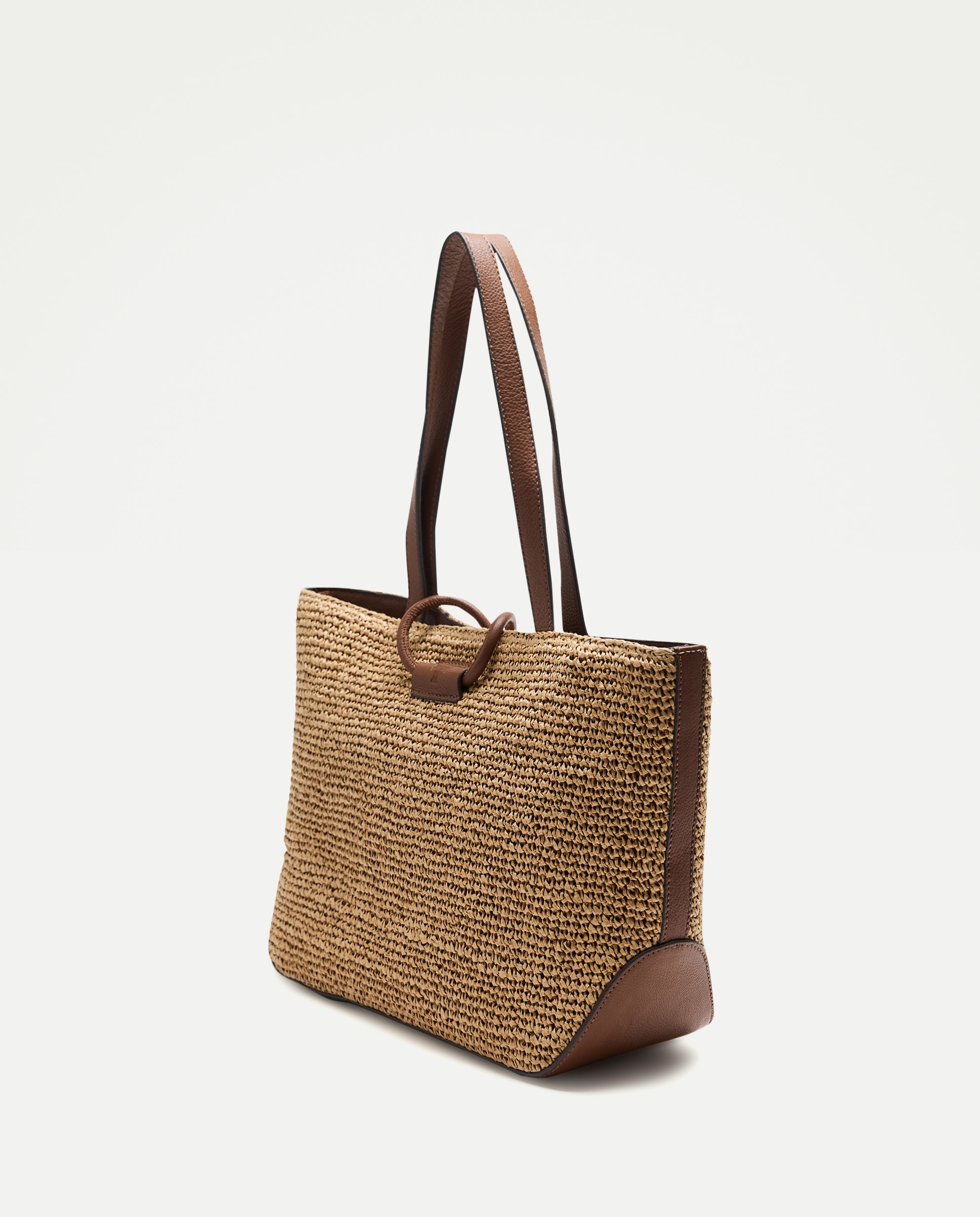 Mala Shopper de Ráfia e Pele com Borla Bege-2