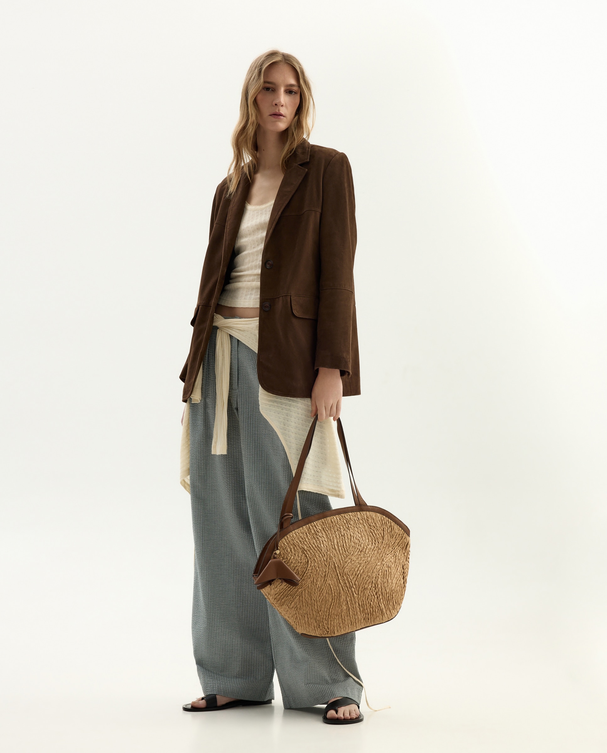 Mala Shopper de Ráfia Entrançada e Pele 730 Camel-5