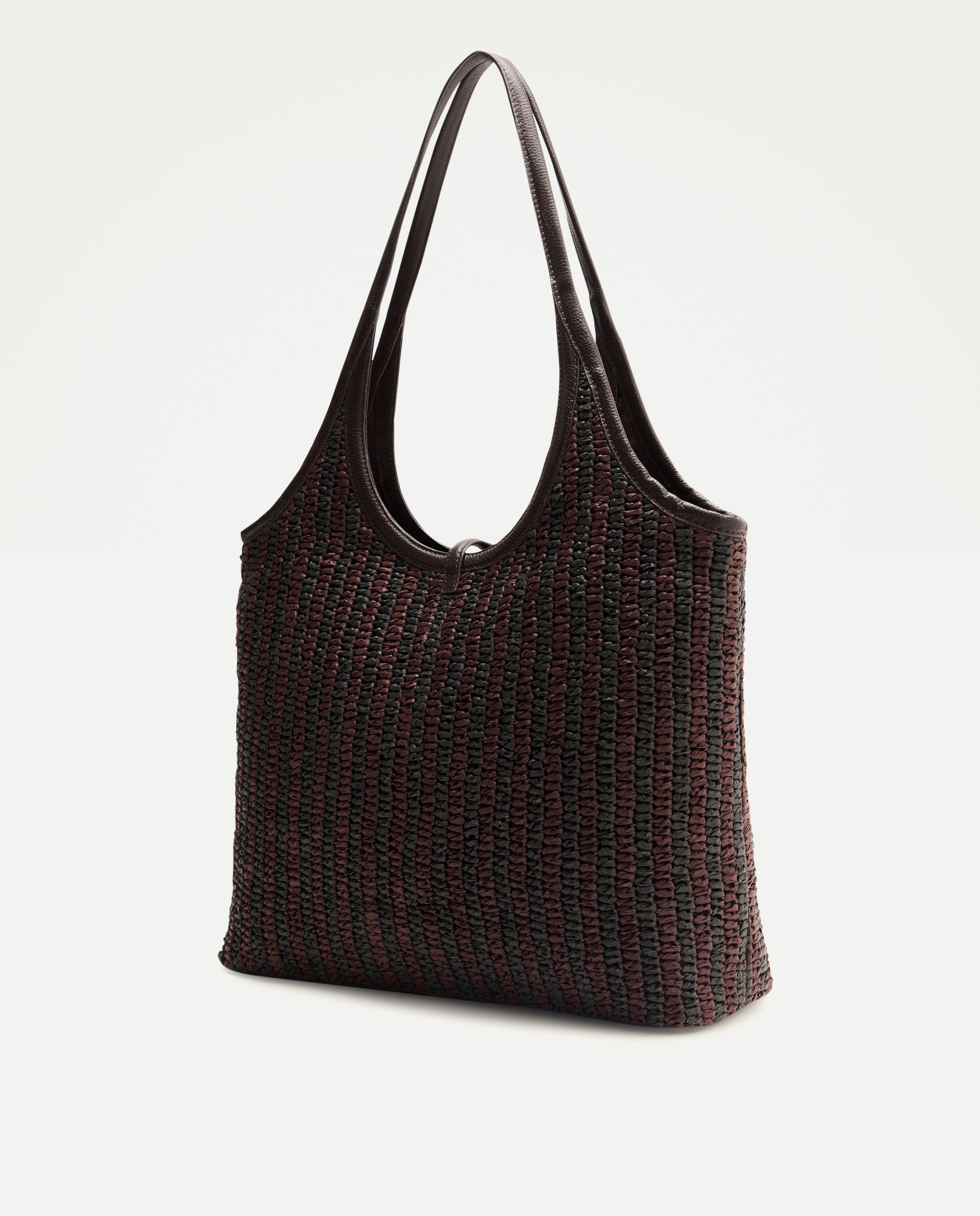 Mala Shopper de Ráfia em Pele com Fecho Metálico Castanho-2