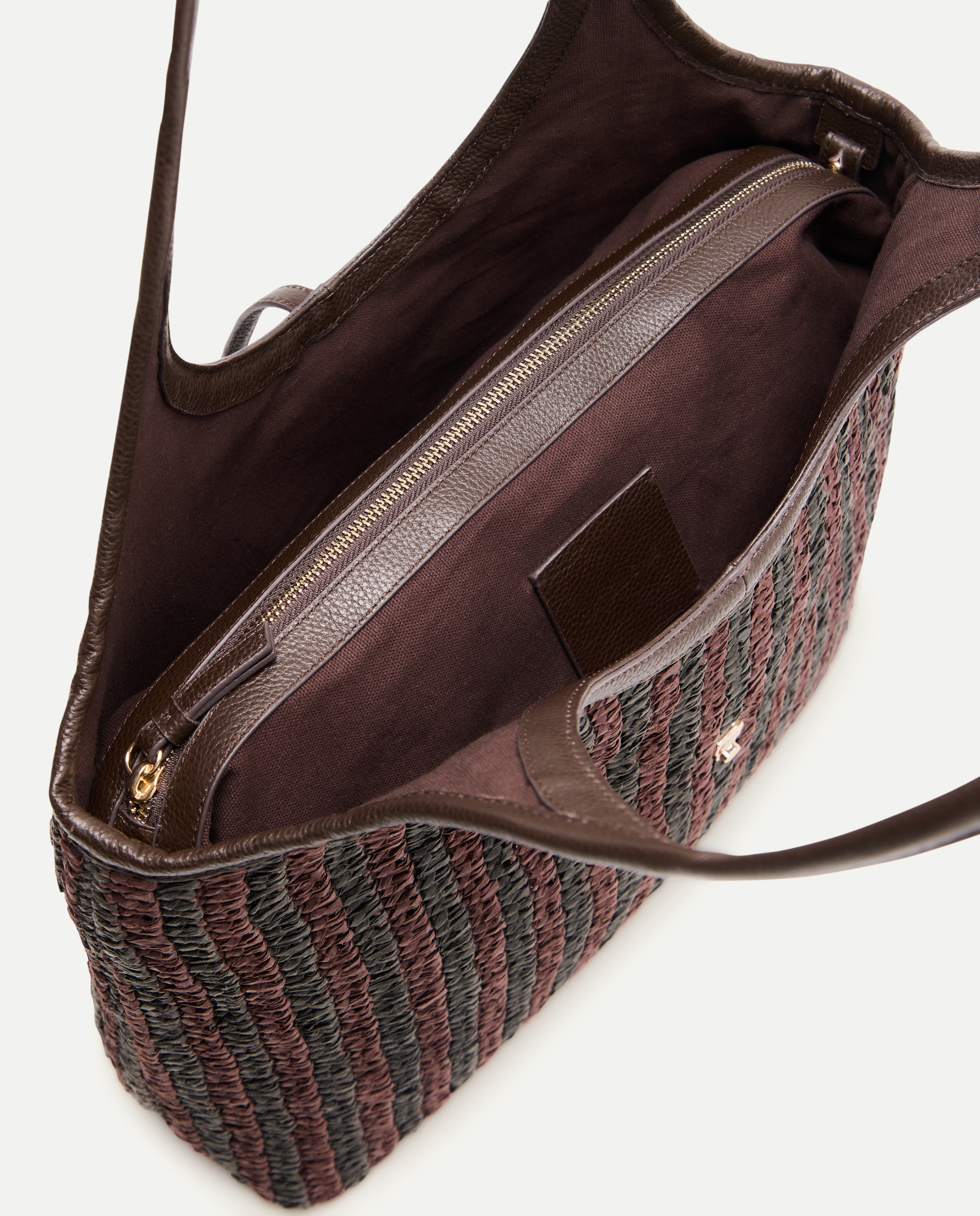 Mala Shopper de Ráfia em Pele com Fecho Metálico Castanho-3