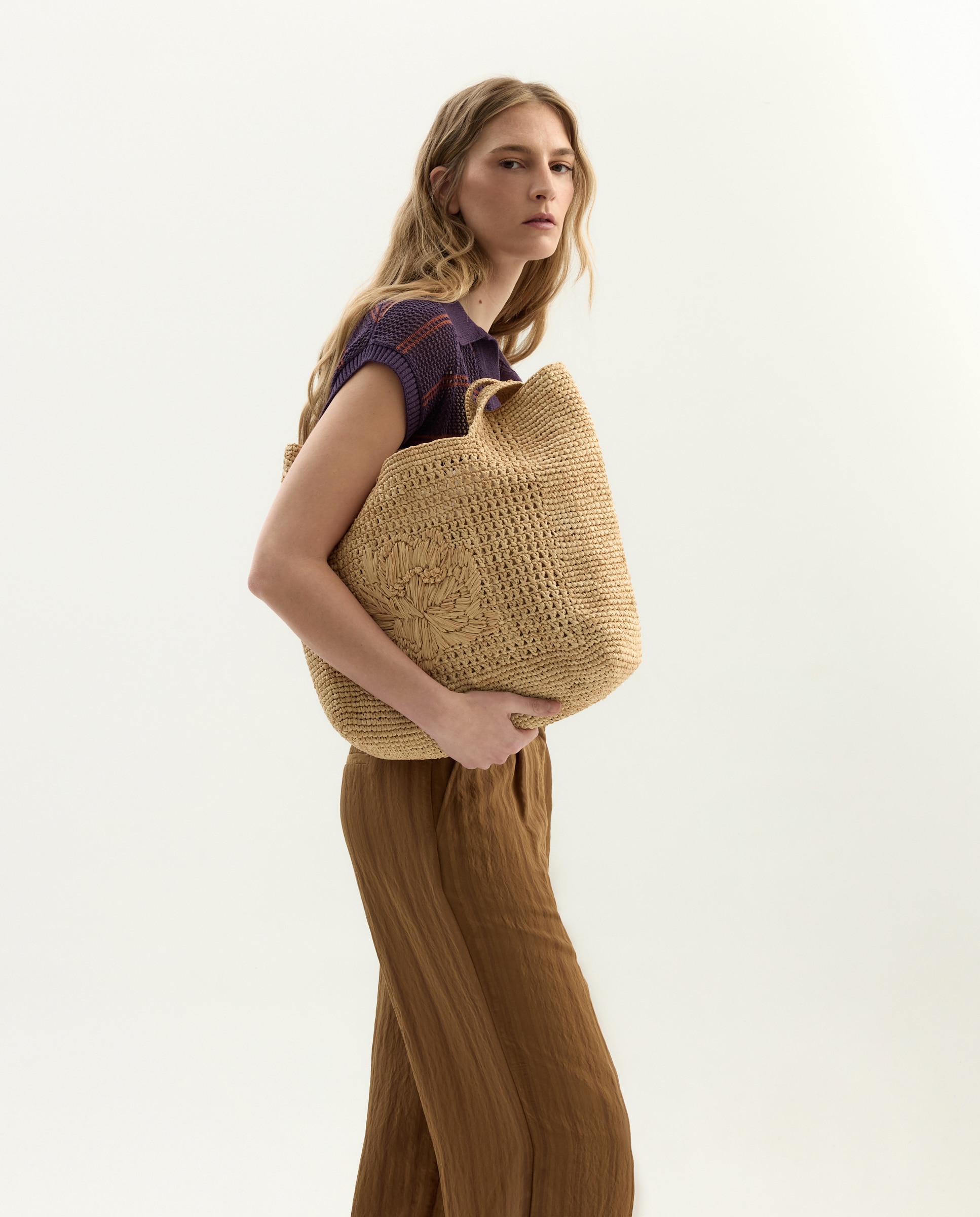 Mala Shopper de Ráfia com Flor Bege-6