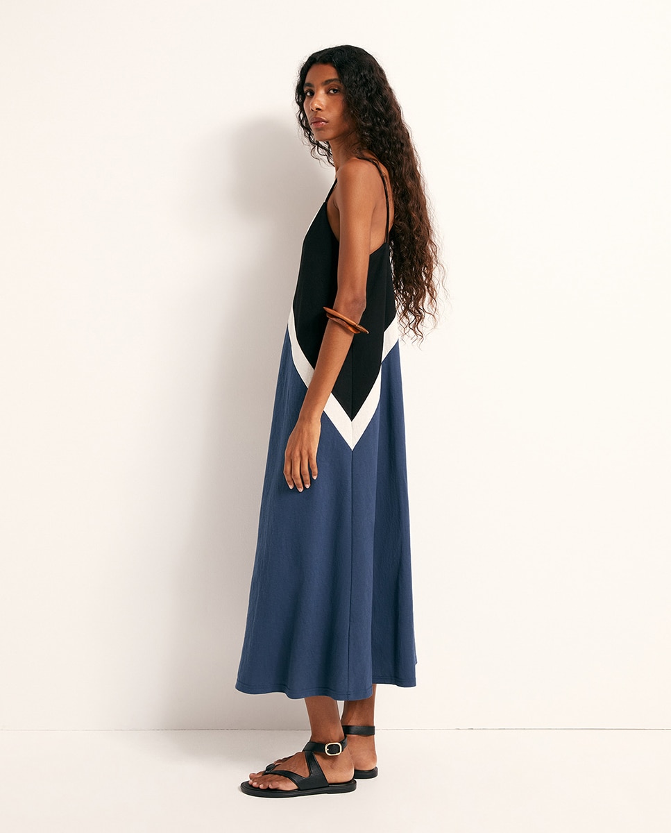 Vestido de Linho com Color Block 471 Índigo-3