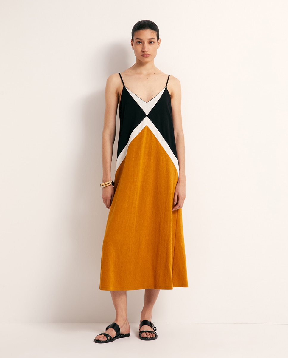 Imagem 0 de Vestido de Linho com Color Block