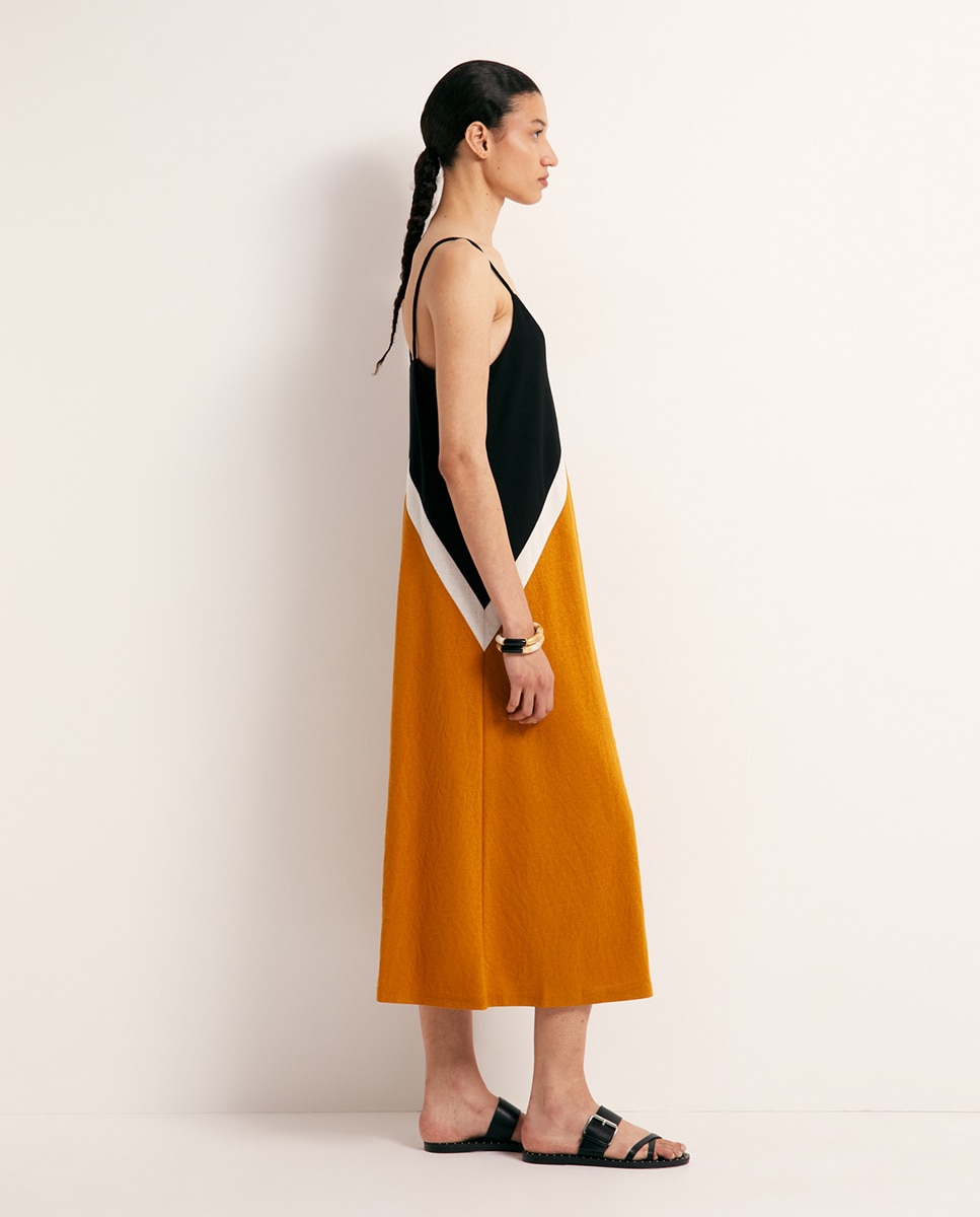 Vestido de Linho com Color Block 390 Ouro-2