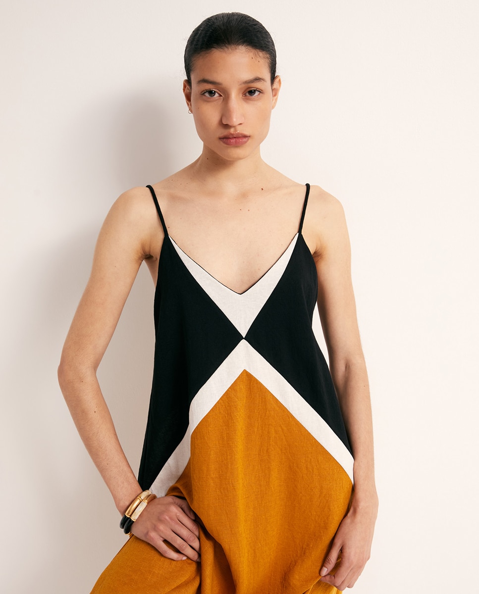 Vestido de Linho com Color Block 390 Ouro-3