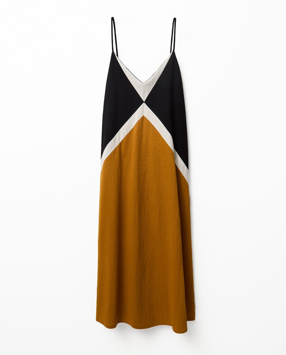 Vestido de Linho com Color Block 390 Ouro-5