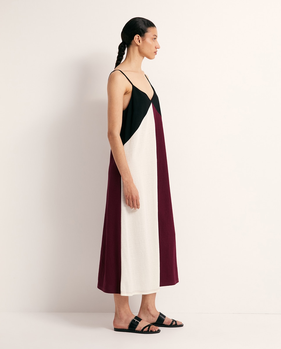 Vestido de Linho com Color Block Bordeaux-2
