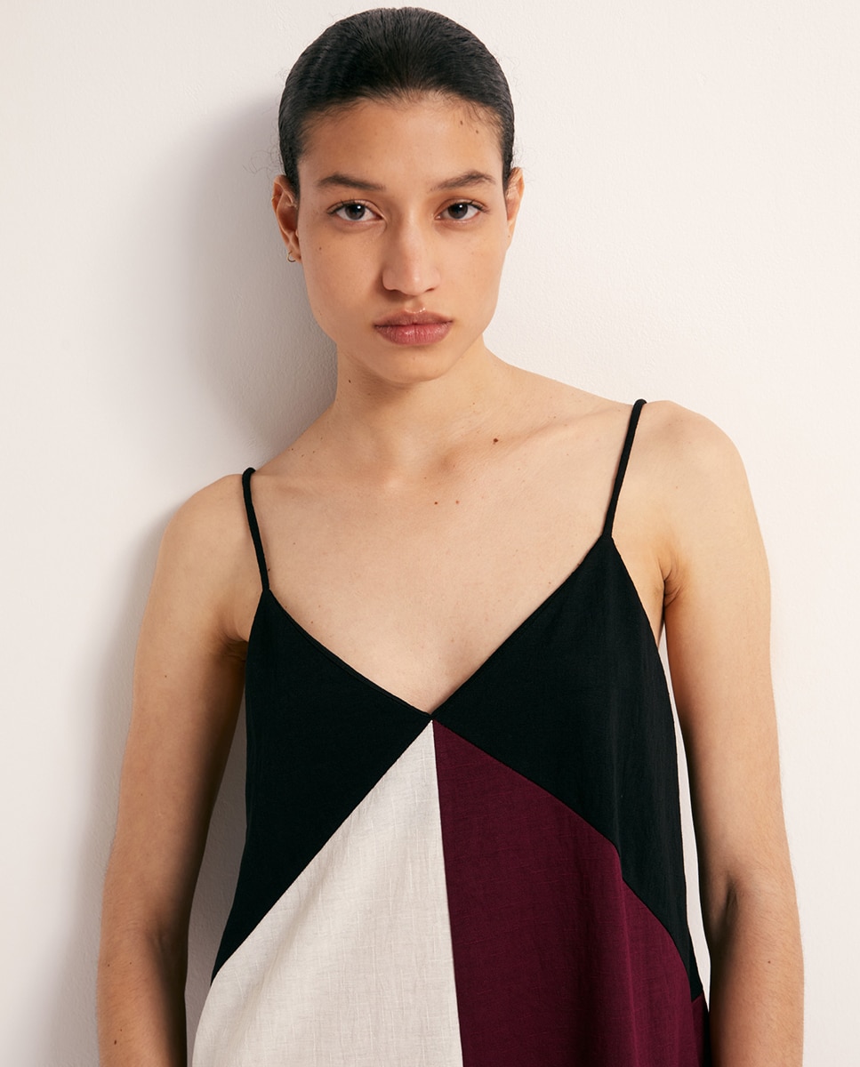 Vestido de Linho com Color Block Bordeaux-3
