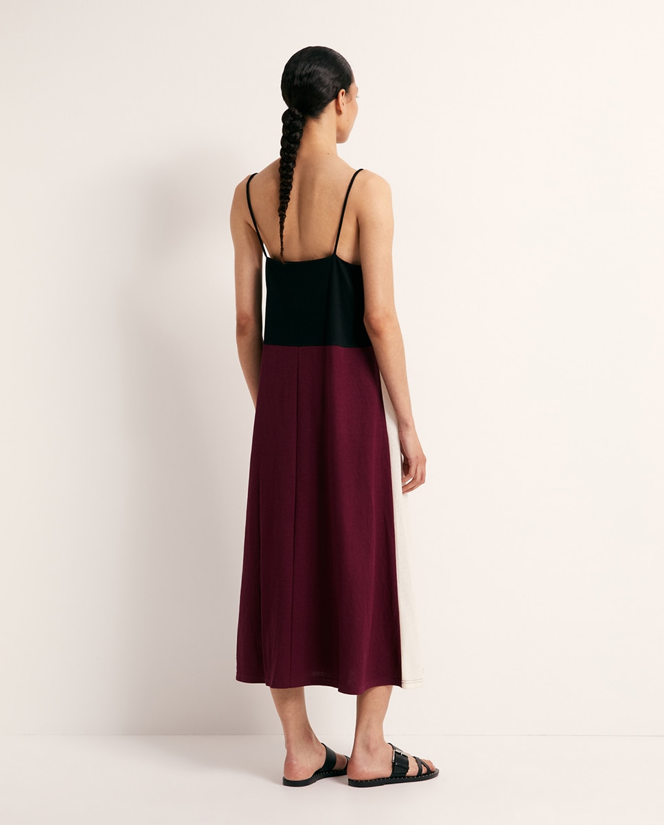 Vestido de Linho com Color Block Bordeaux-4