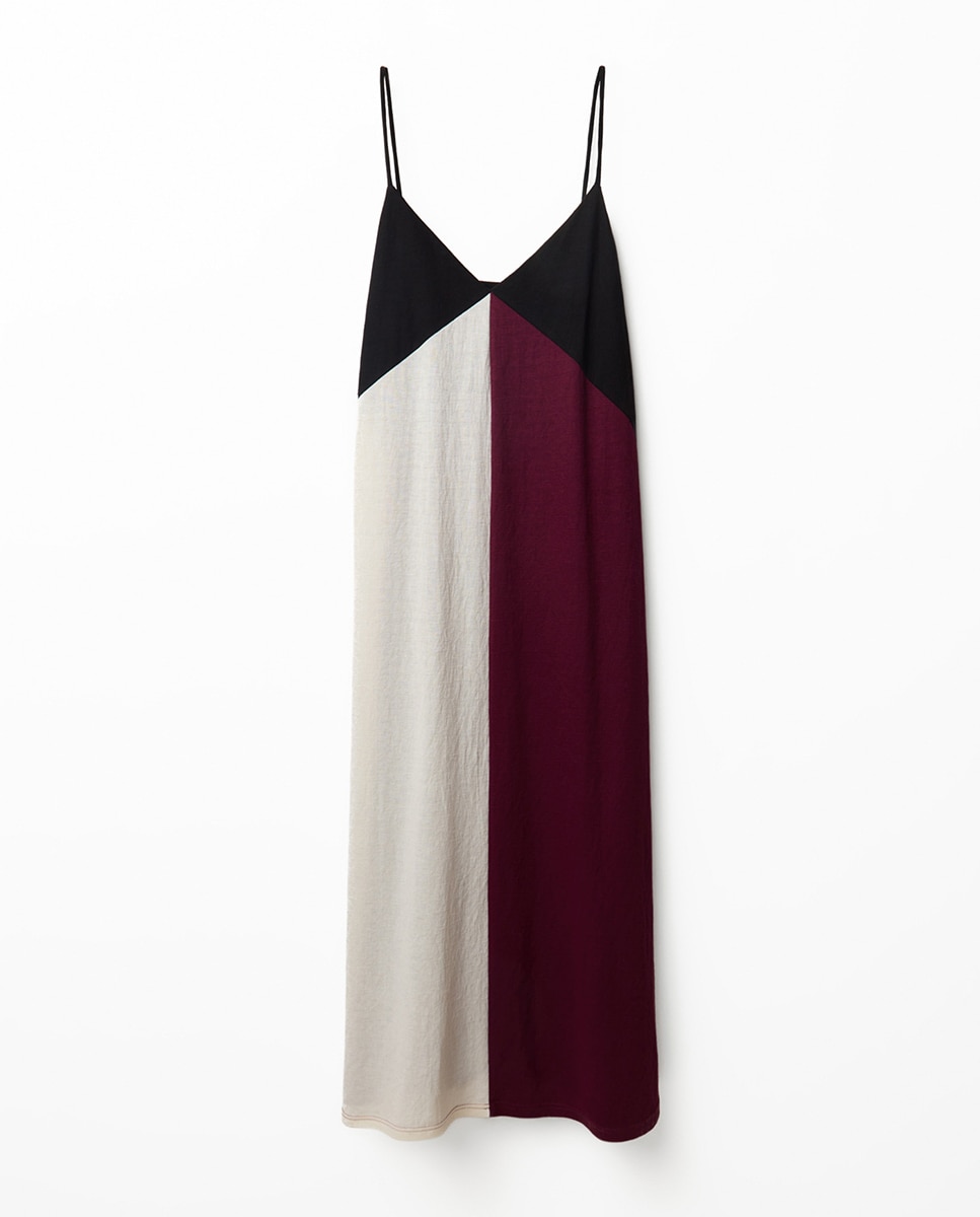 Vestido de Linho com Color Block Bordeaux-5
