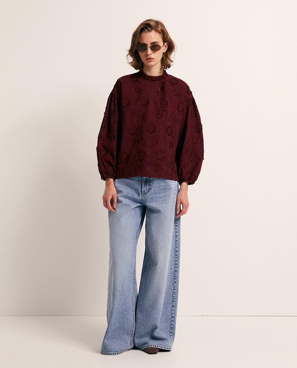 T-shirt com bordado floral Bordeaux-2