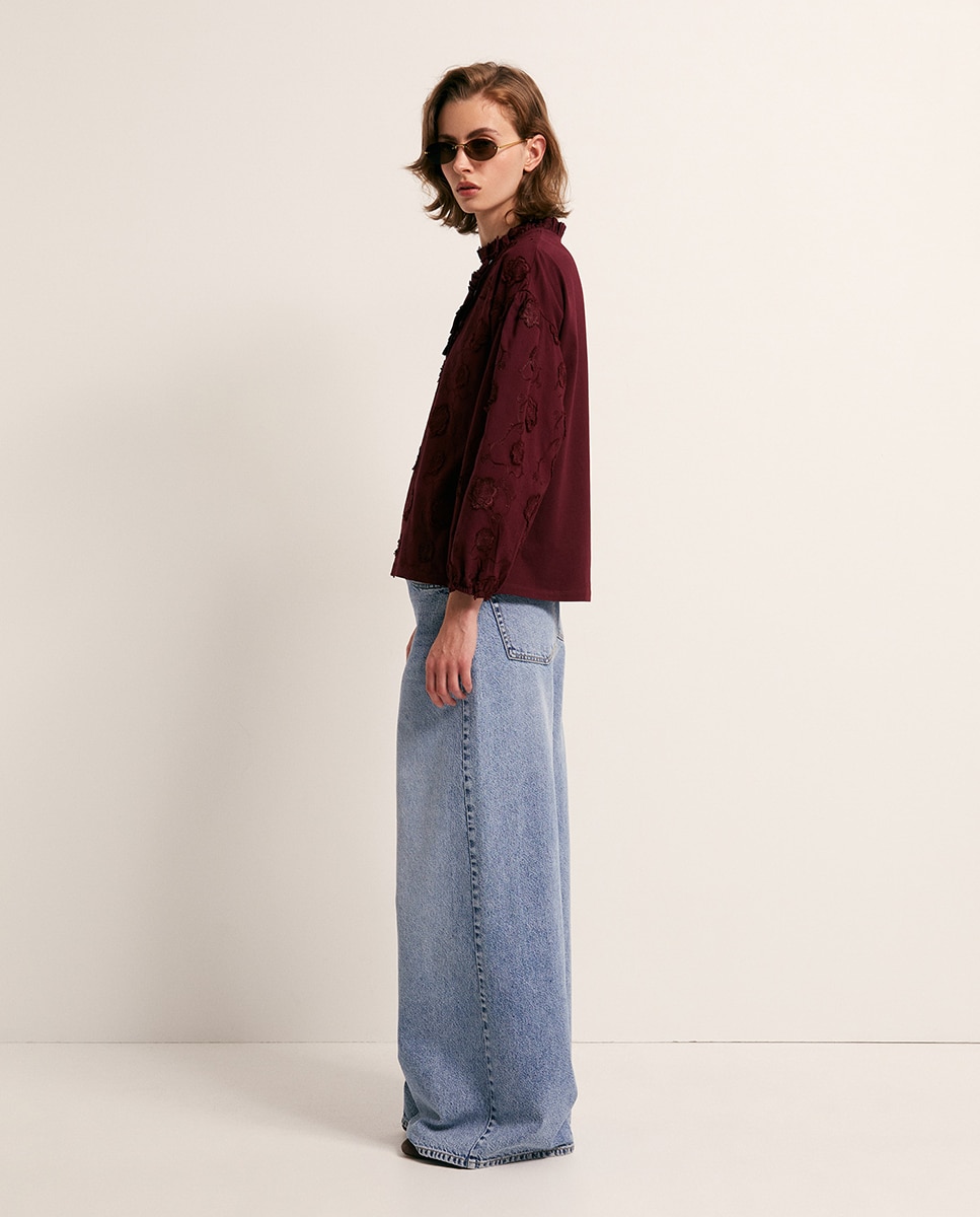 T-shirt com bordado floral Bordeaux-4