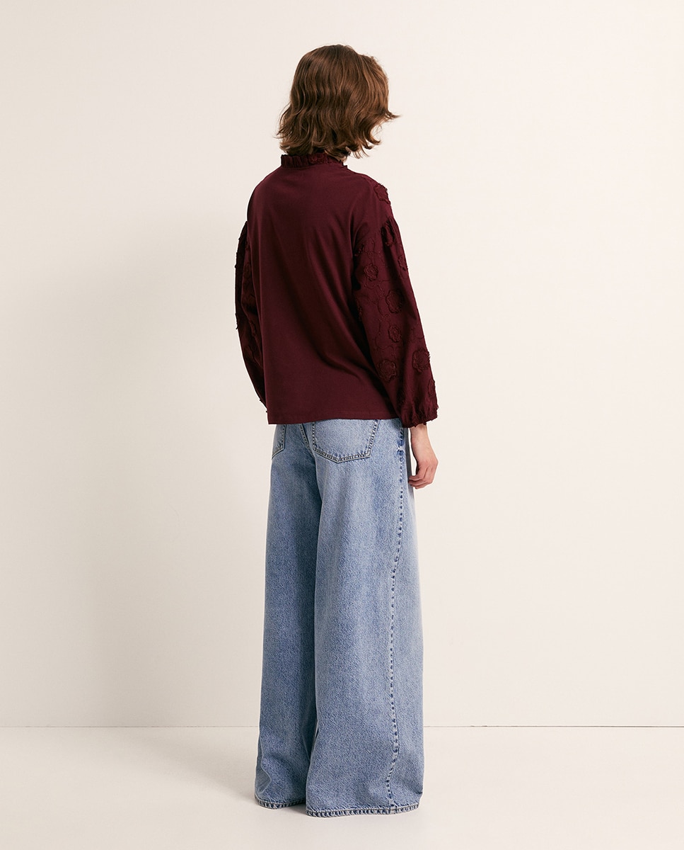 T-shirt com bordado floral Bordeaux-5