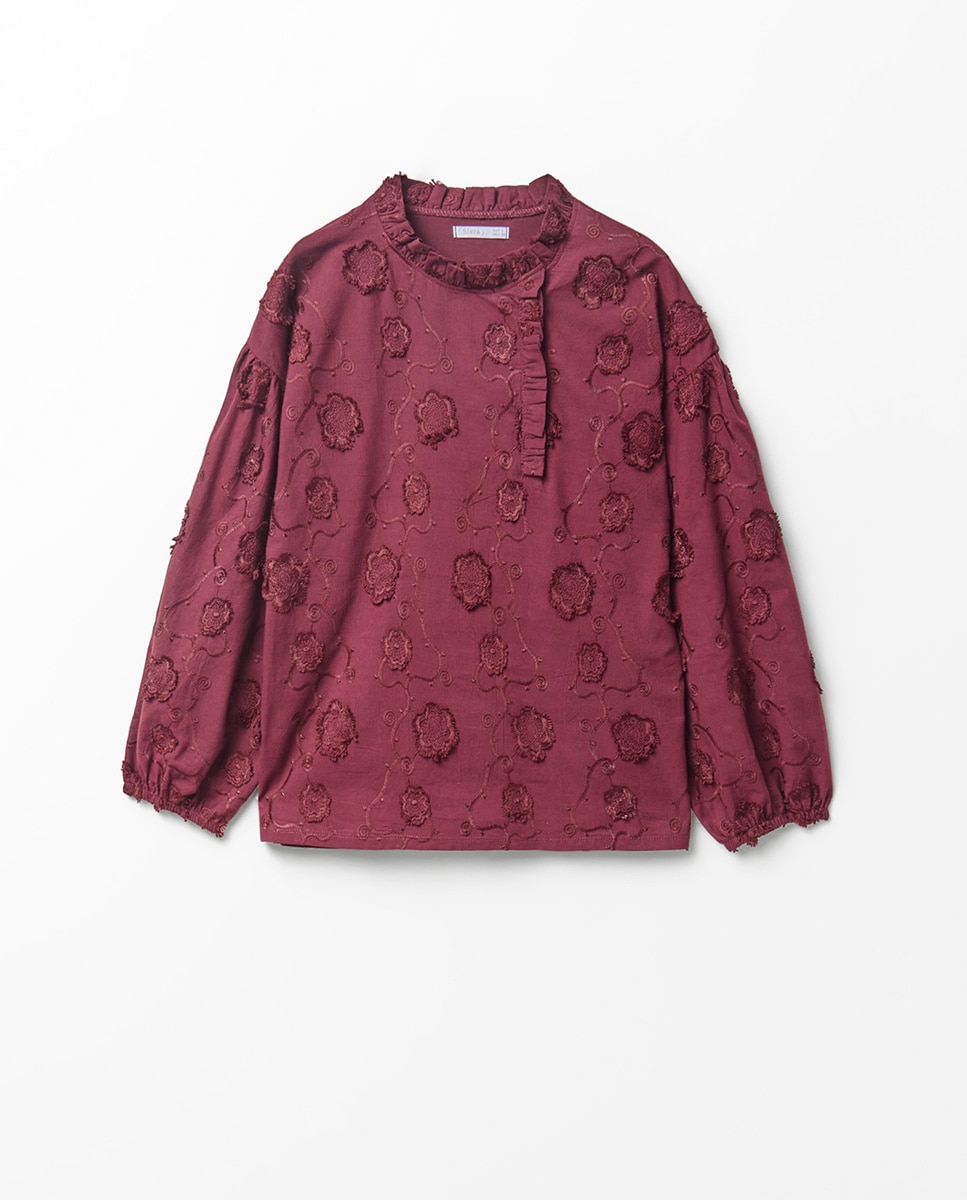 T-shirt com bordado floral Bordeaux-6