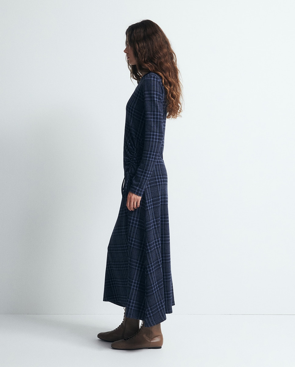 Vestido Drapeado aos Quadrados Azul-marinho-4