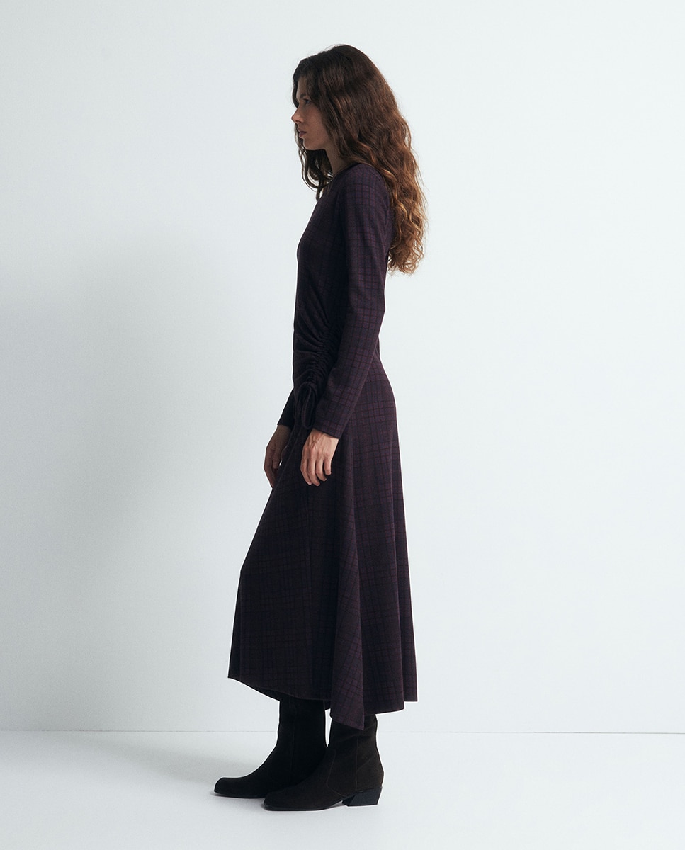 Vestido Drapeado aos Quadrados Bordeaux-4