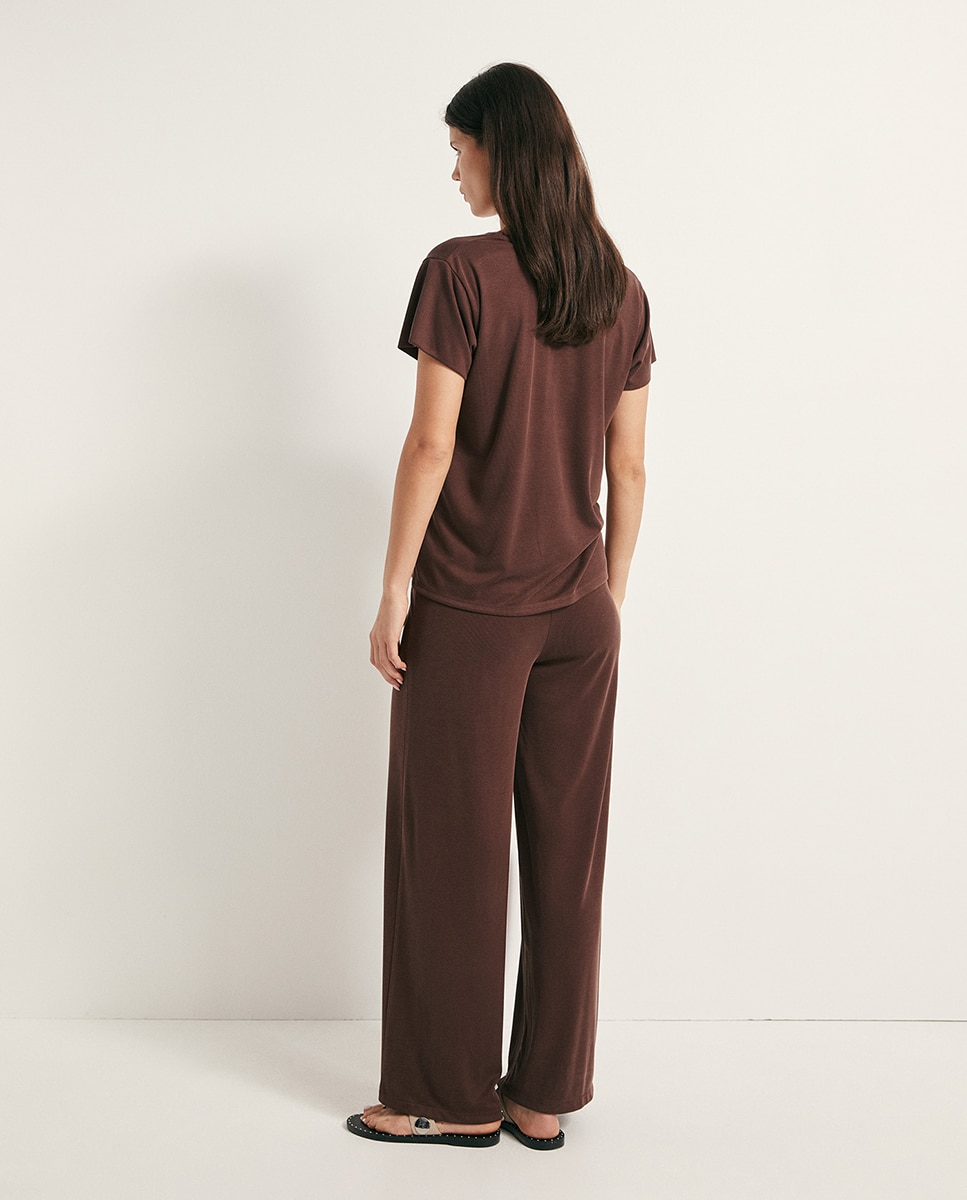 T-shirt de Decote em Bico Rib Set Castanho-4