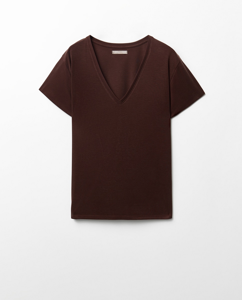 T-shirt de Decote em Bico Rib Set Castanho-5