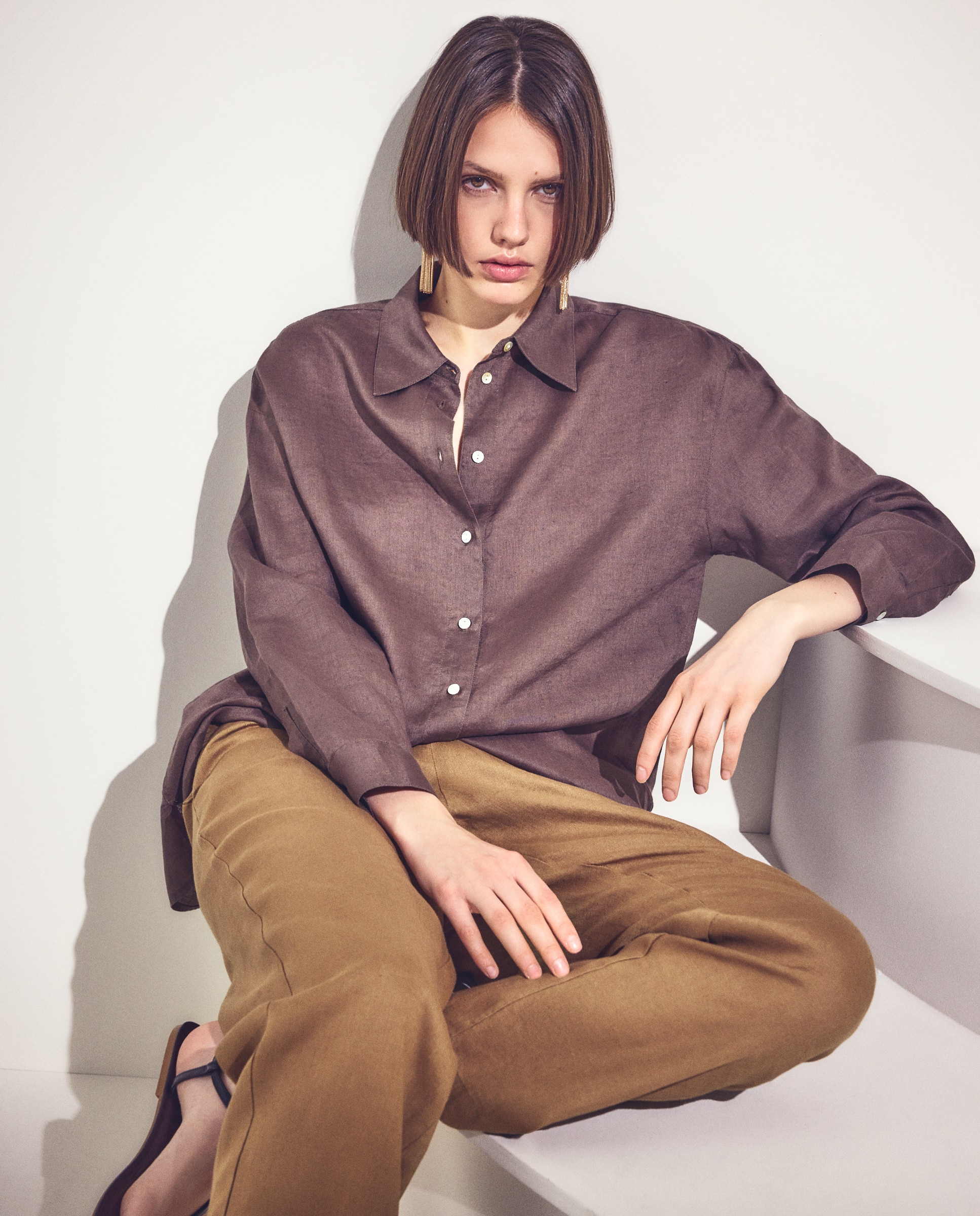 Camisa de mujer lino manga larga - Woman El Corte Inglés - Azul 520 Kaki-1
