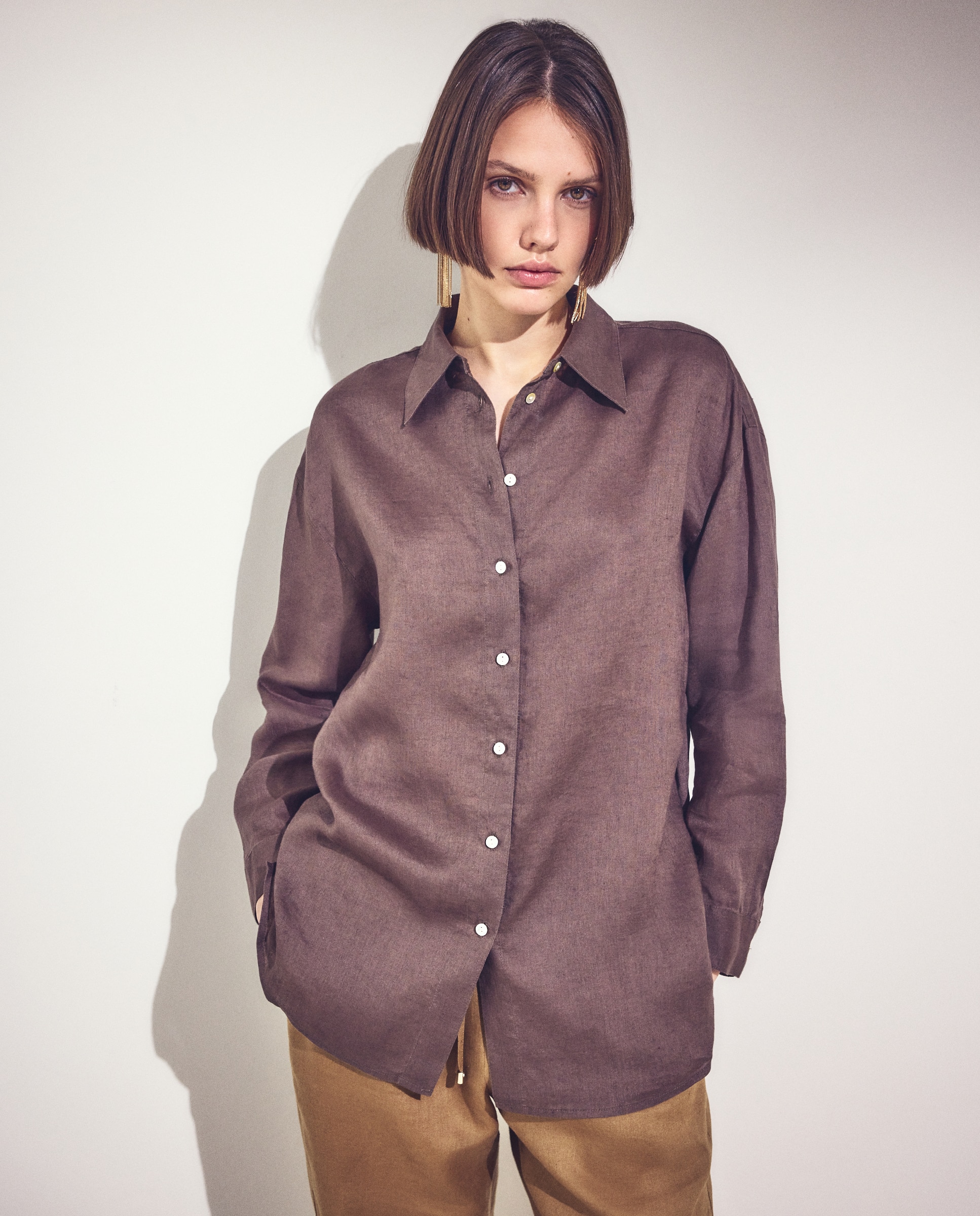 Camisa de mujer lino manga larga - Woman El Corte Inglés - Azul 520 Kaki-3