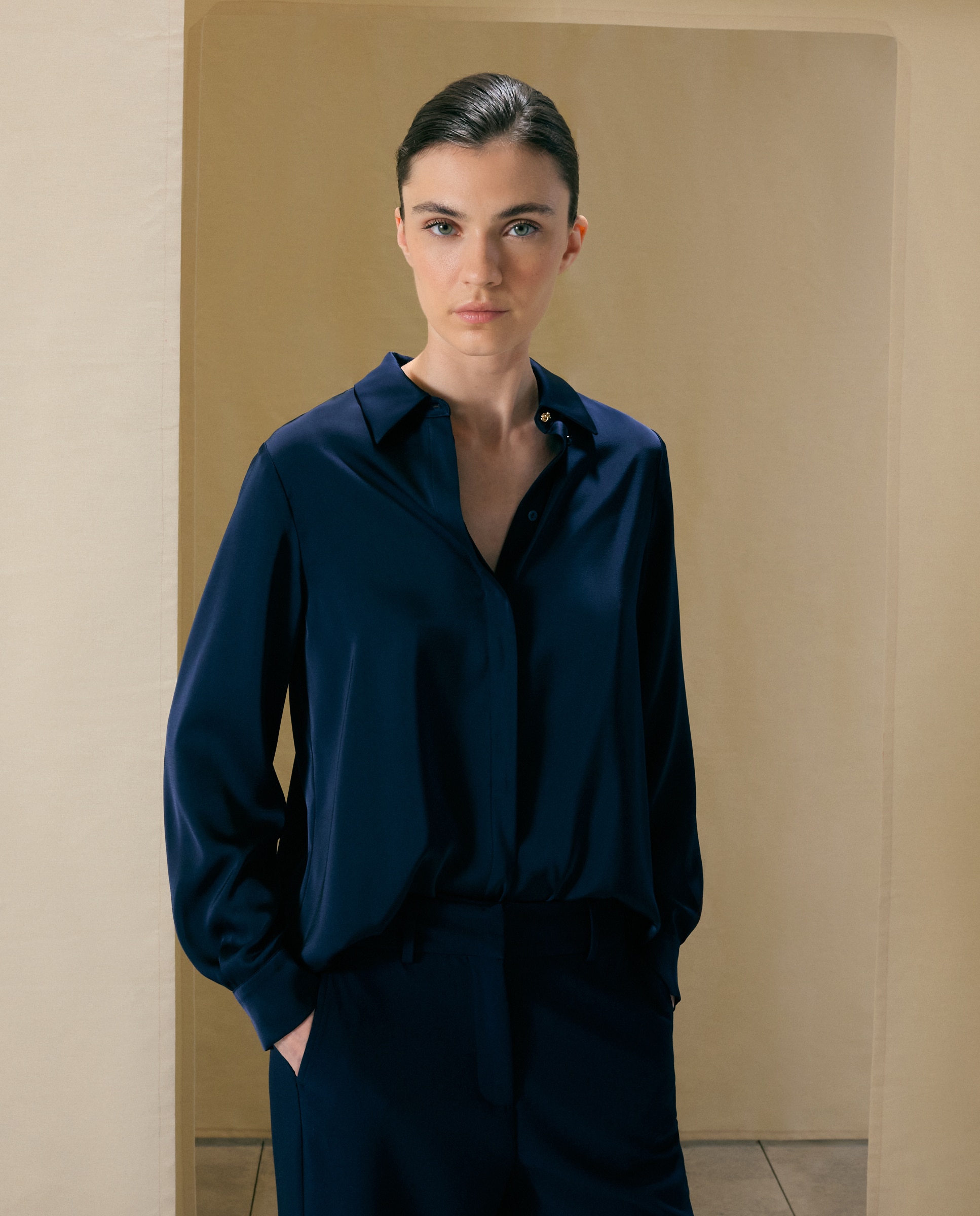 Blusa satén de mujer con manga larga - Woman El Corte Inglés - Azul Azul-1