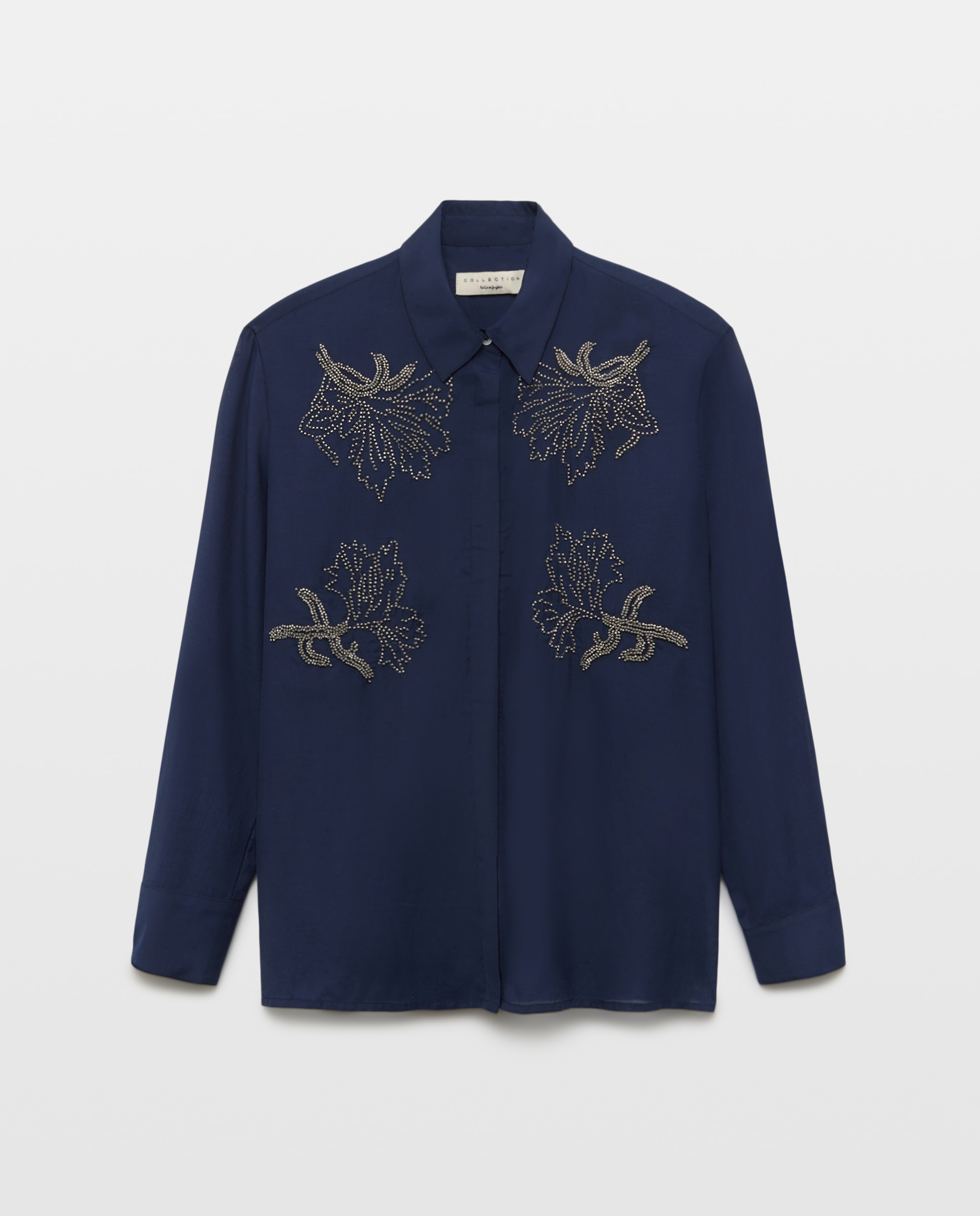 Blusa com Colarinho de Camisa e Contas Azul-marinho-5