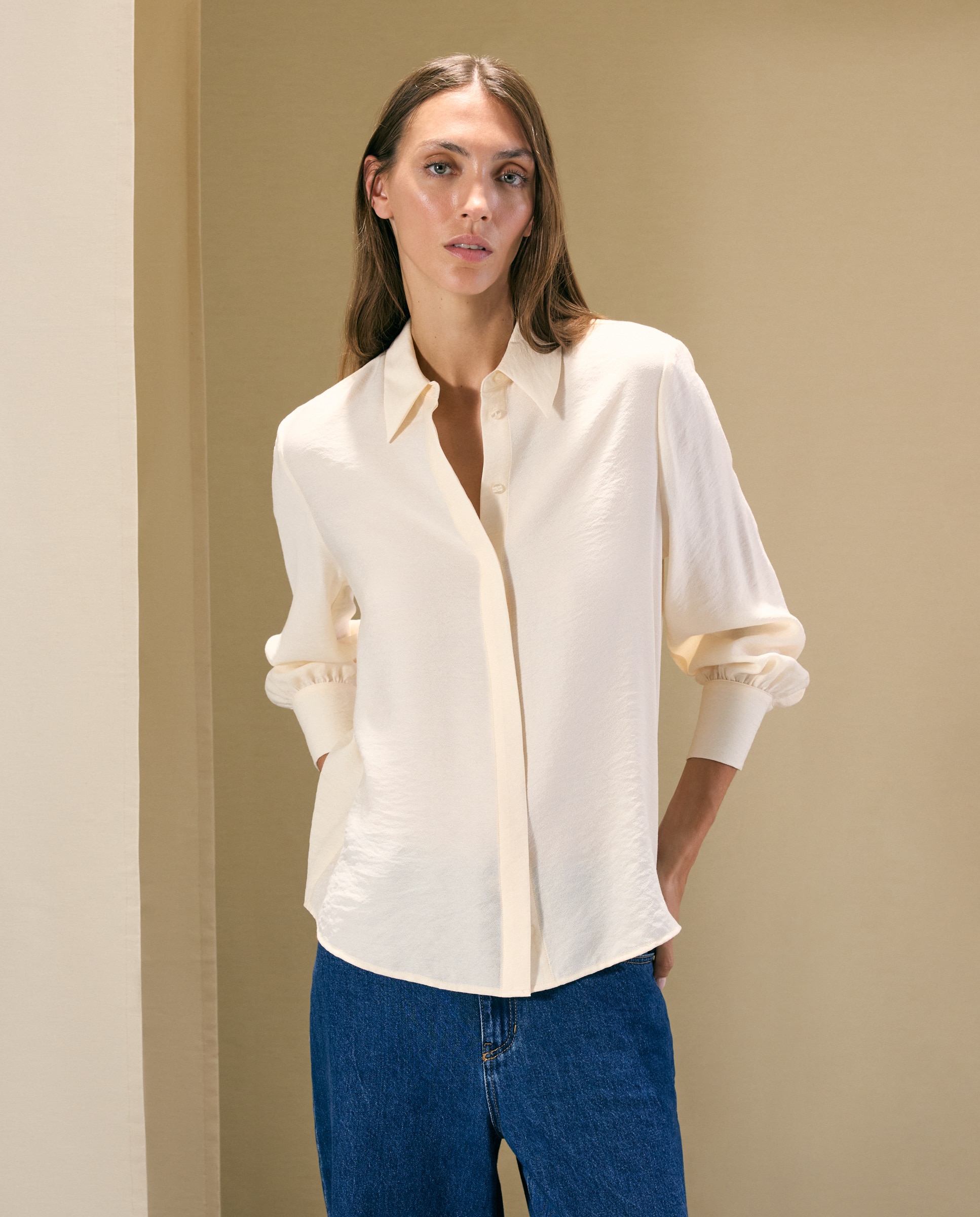Blusa de mujer de manga larga con cuello camisero - Woman El Corte Inglés - 120 Crudo 120 Crudo-1