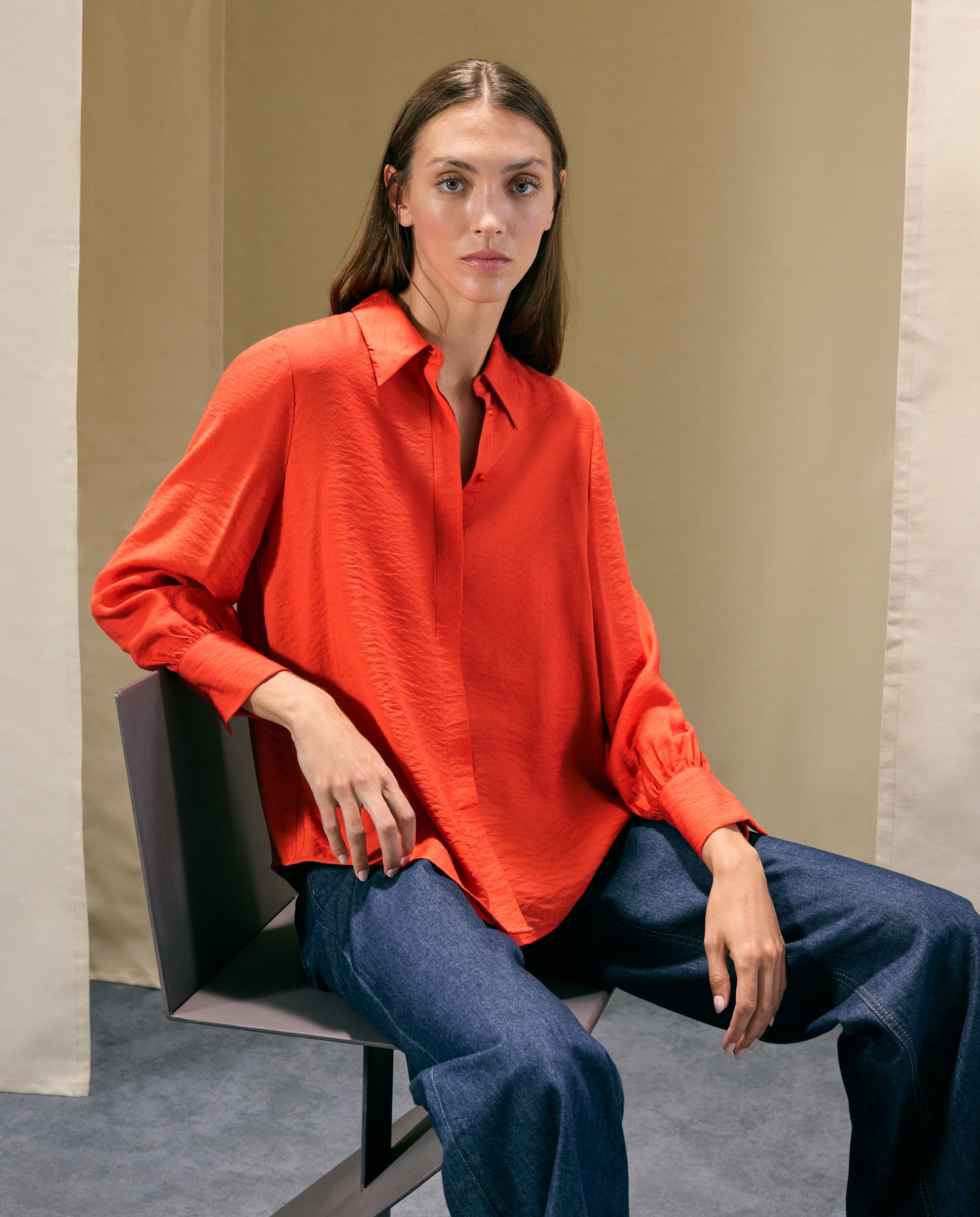 Blusa de mujer de manga larga con cuello camisero - Woman El Corte Inglés - 660 Naranja 660 Naranja-1