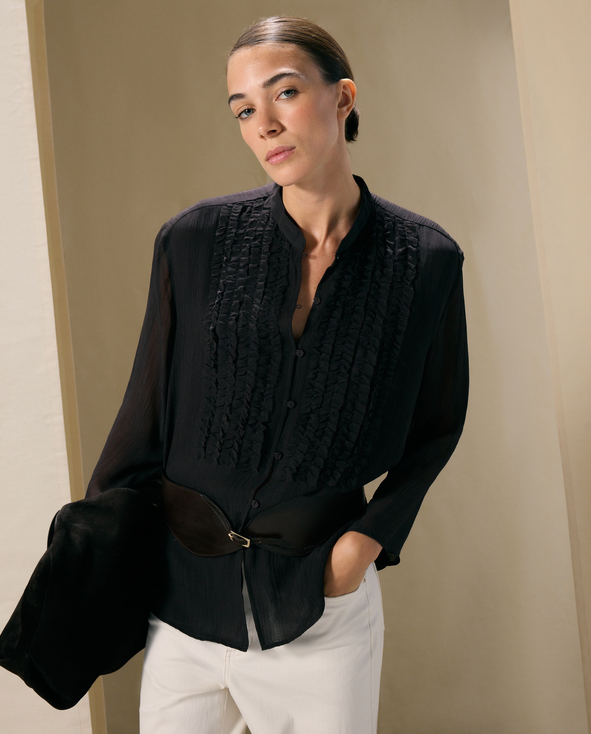 Blusa lisa de mujer con chorreras - Woman El Corte Inglés - Marrón Marrón-2