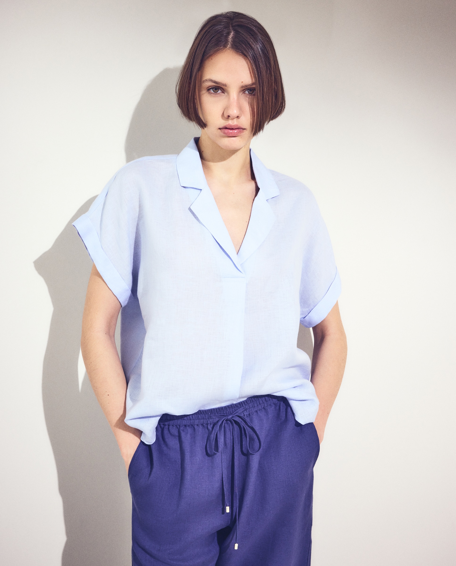 Blusa de mujer lino manga corta - Woman El Corte Inglés - Azul 410 Azul claro-1