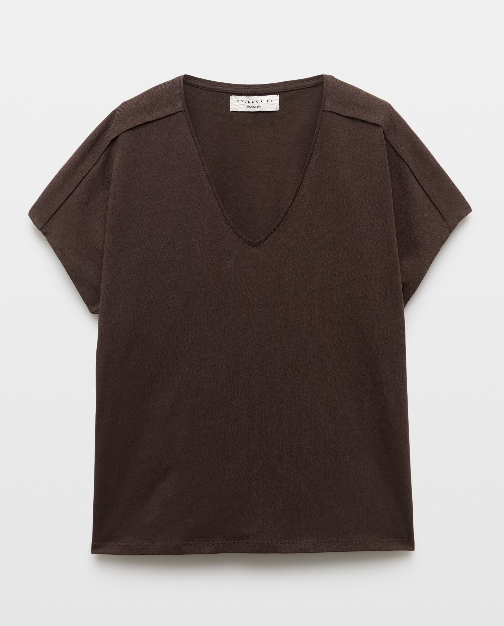 Camiseta de mujer manga corta con cuello pico y detalle en hombro - Woman El Corte Inglés - Chocolate Chocolate-4