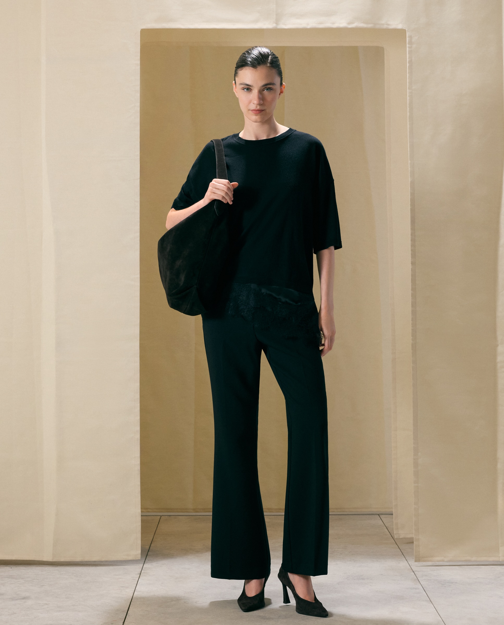 Pantalón flare de mujer doble tela - Woman El Corte Inglés - Negro Negro-1