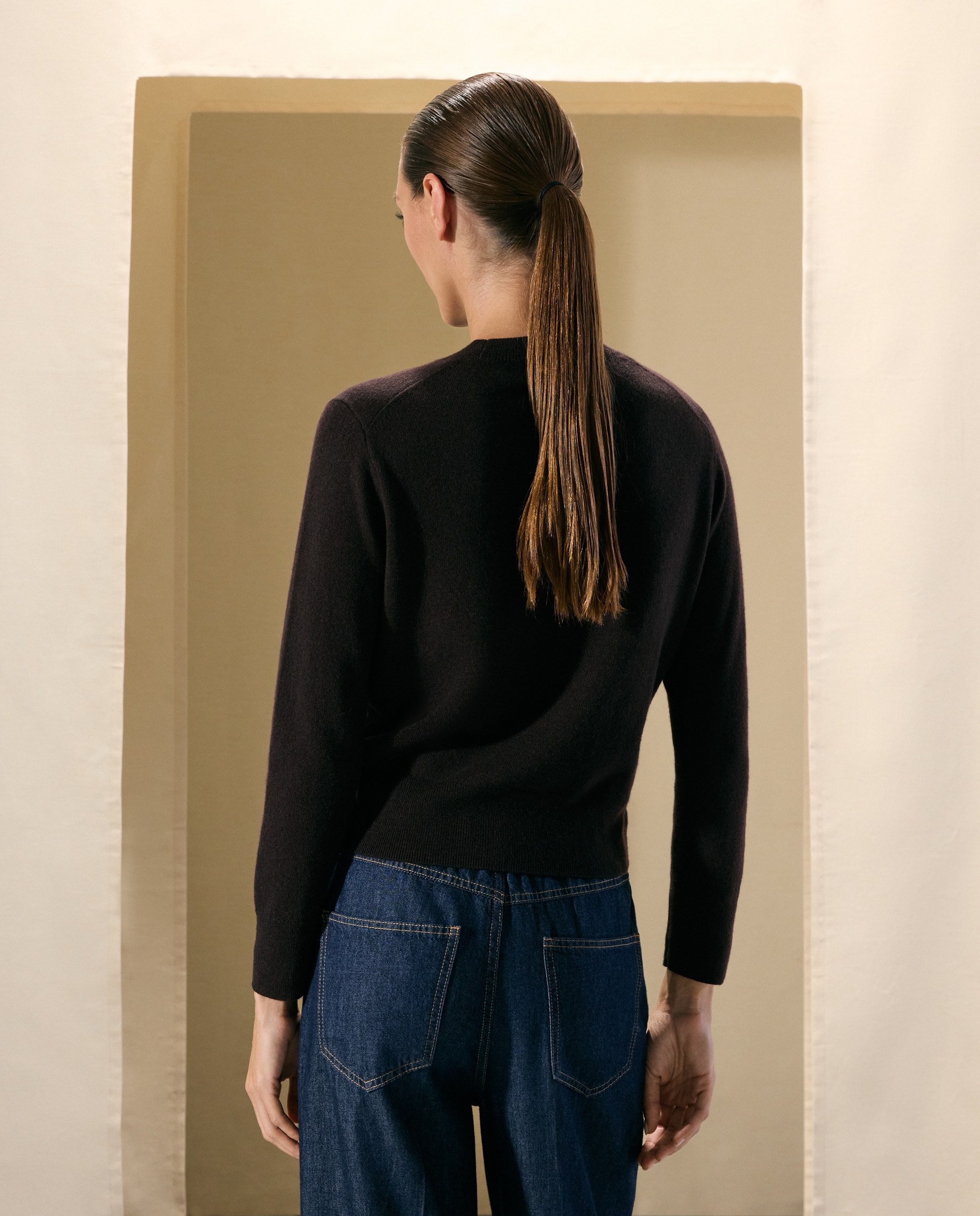 Camisola de Malha de Lã Básica com Decote Redondo Castanho-3