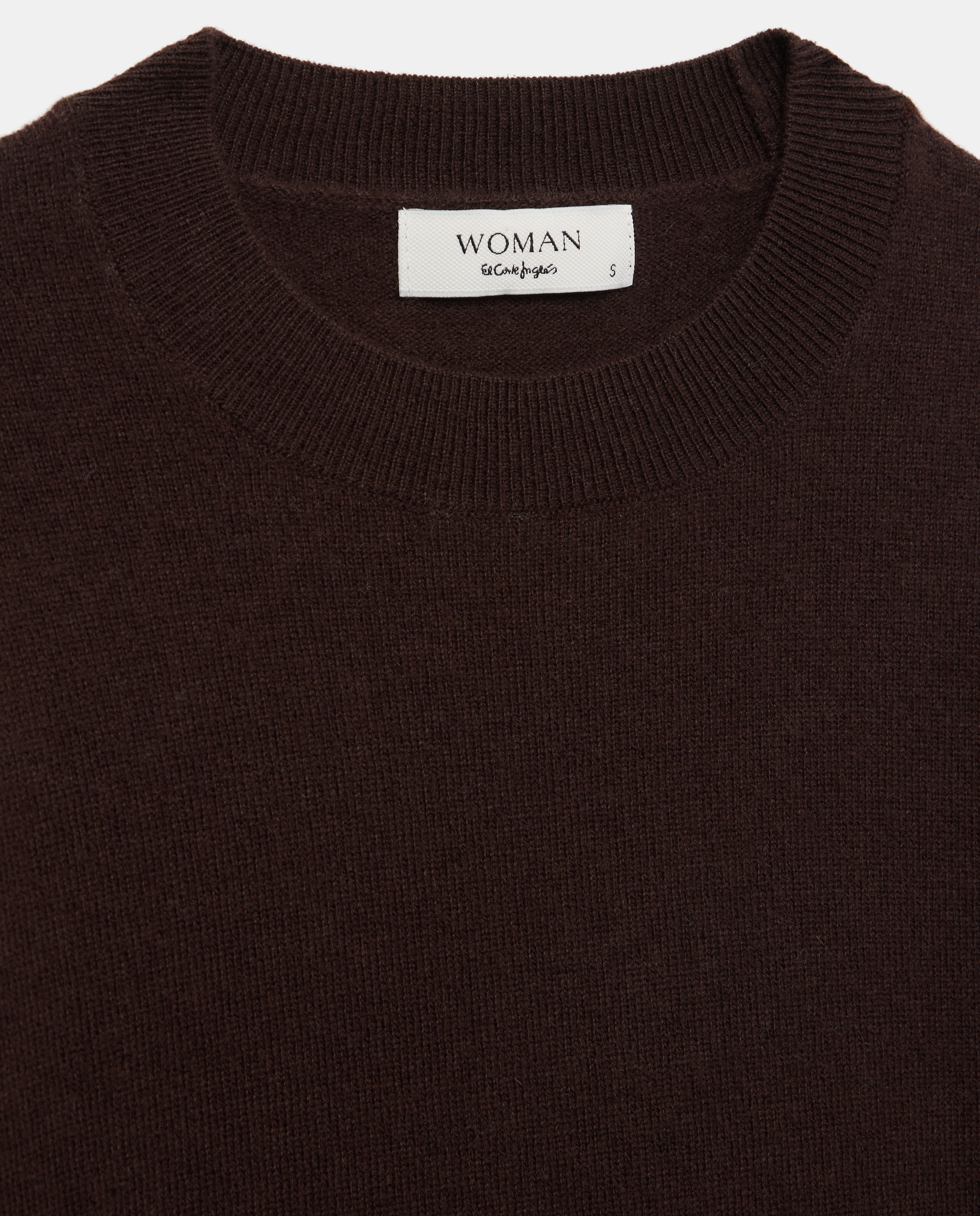 Camisola de Malha de Lã Básica com Decote Redondo Castanho-5