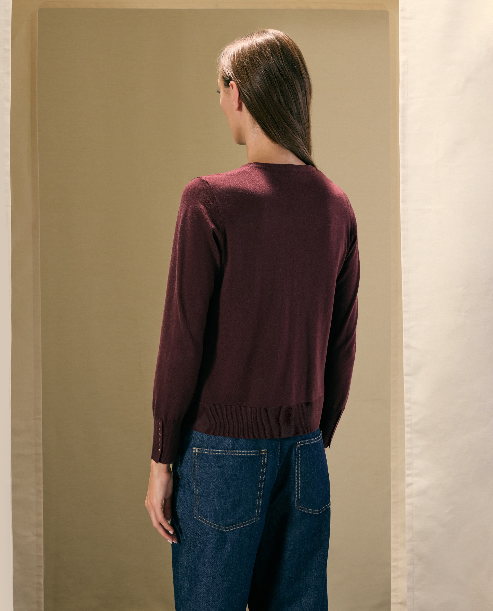 Camisola de Malha com Decote Redondo em Mistura de Tecidos Bordeaux-3